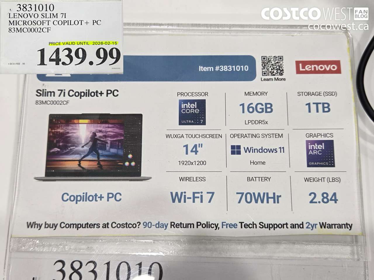 3831010 LENOVO SLIM 7I MICROSOFT COPILOT + PC 83MC0002CF (EXPIRES ON 2026-02-15) $1439.99