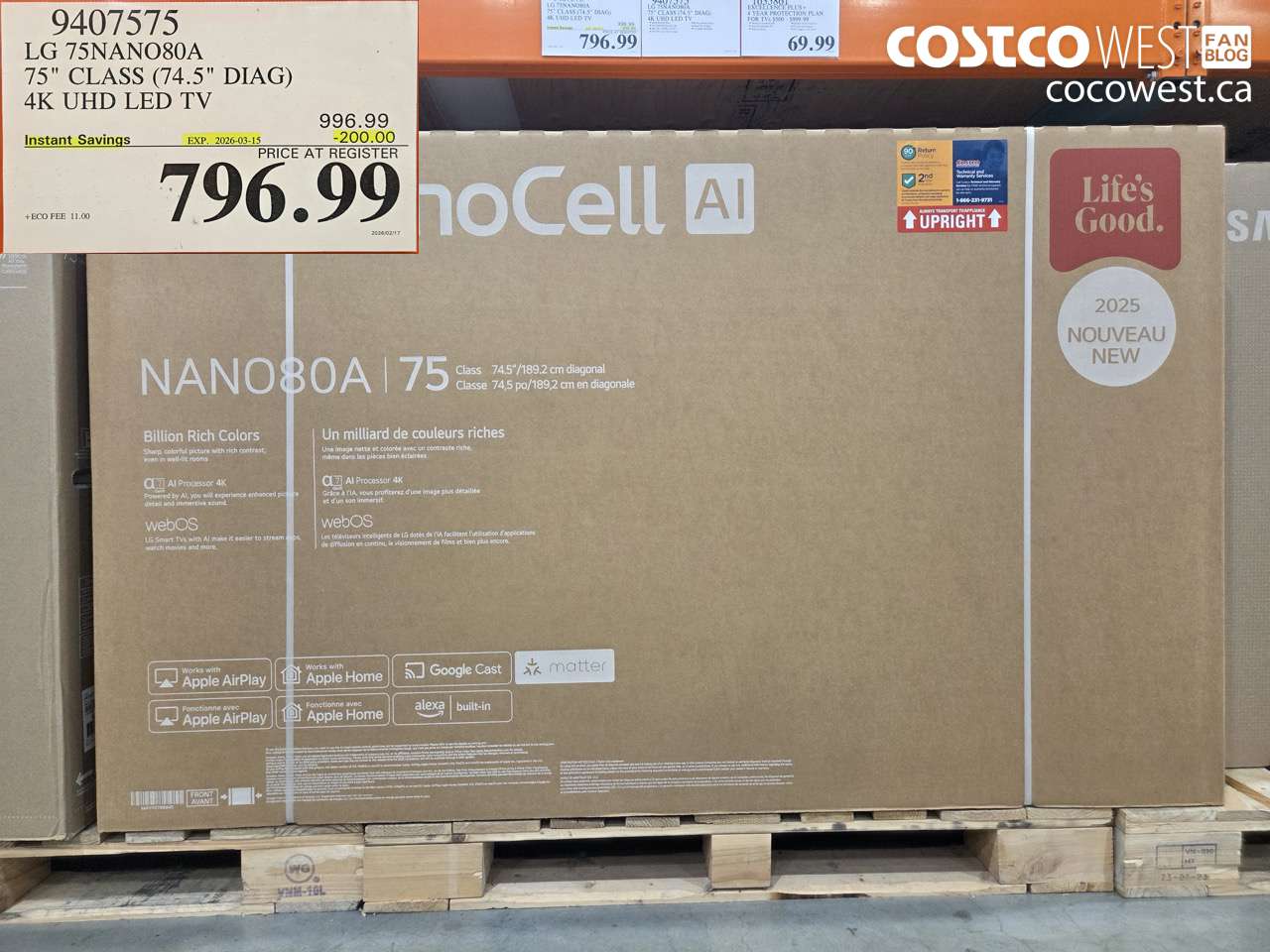 9407575 LG 75NAN080A 75 CLASS (74.5 DIAG) 4K UHD LED TV ($200.00 INSTANT SAVINGS EXPIRES ON 2026-03-15) $796.99