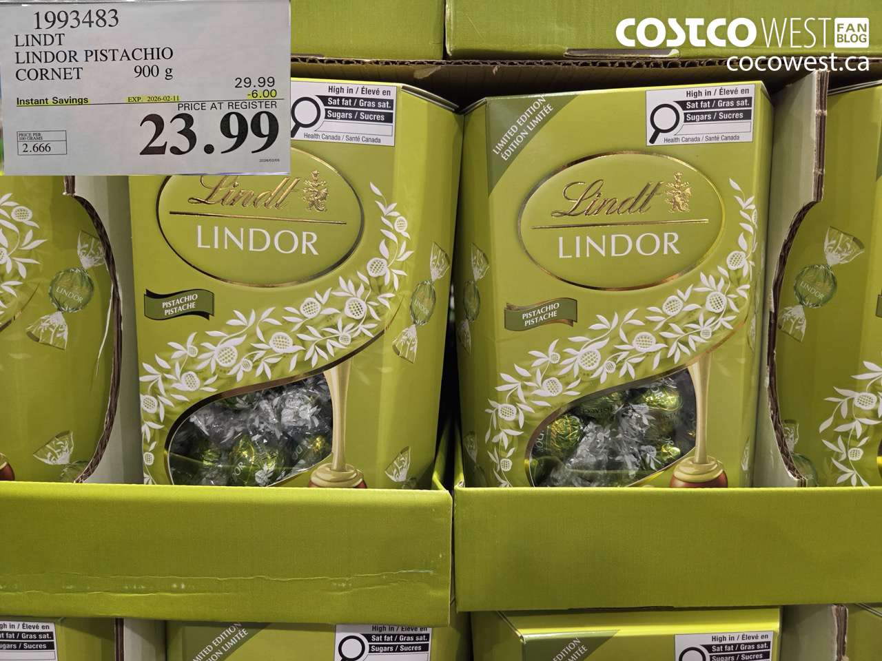 1993483 LINDT LINDOR PISTACHIO CORNET 900G ($6.00 INSTANT SAVINGS EXPIRES ON 2026-02-11) $23.99