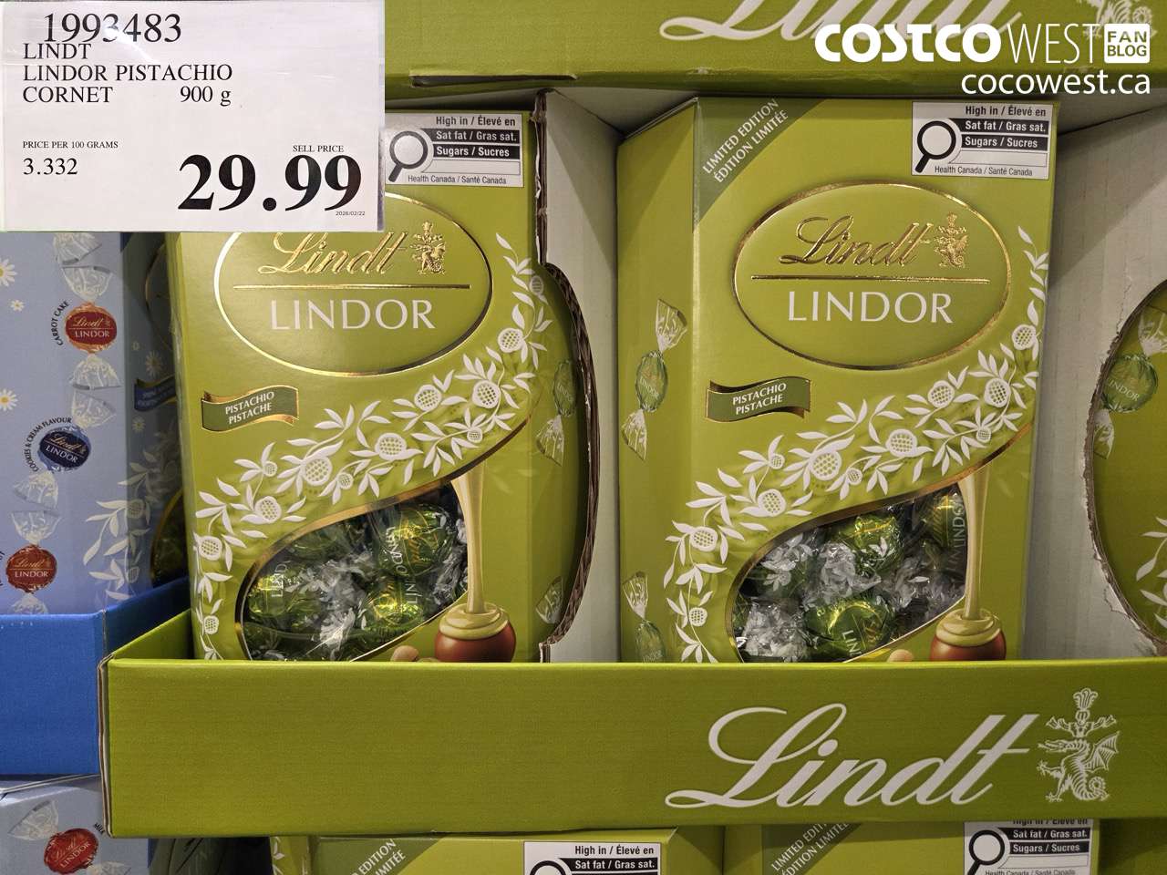 1992483 LINDT LINDOR PISTACHIO CORNET 900G $29.99