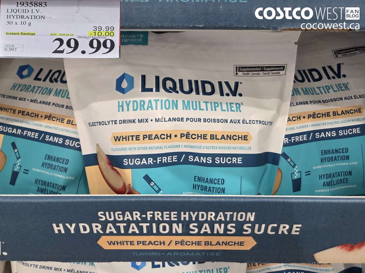 1935883 LIQUID I.V. HYDRATION 30 x 10 g ($10.00 INSTANT SAVINGS EXPIRES ON 2026-02-15) $29.99