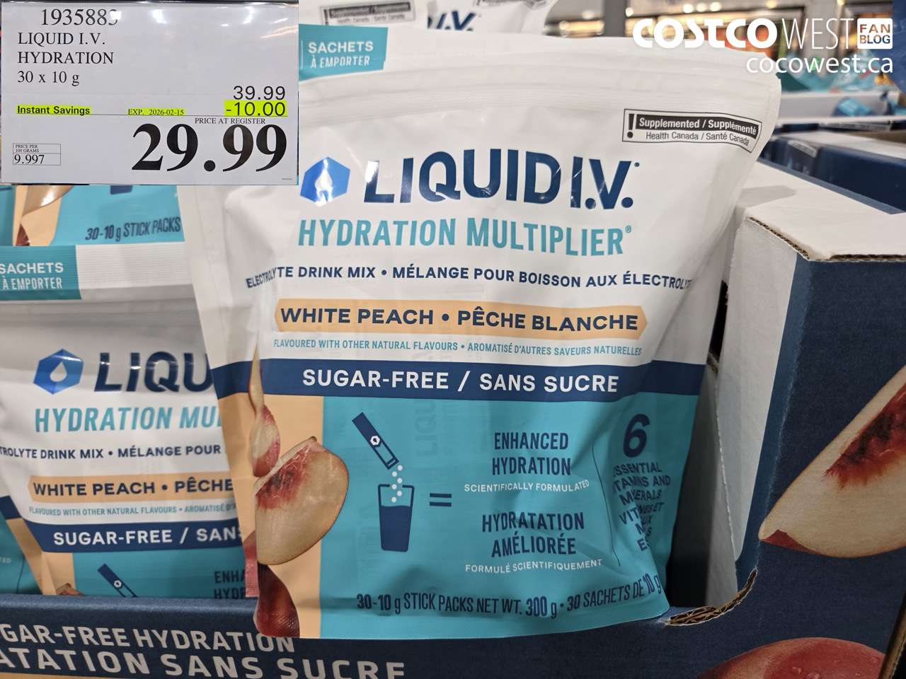 1935883 LIQUID IV SUGAR FREE WHITE PEACH 30 x 10 g ($10.00 INSTANT SAVINGS EXPIRES ON 2026-02-15) $29.99