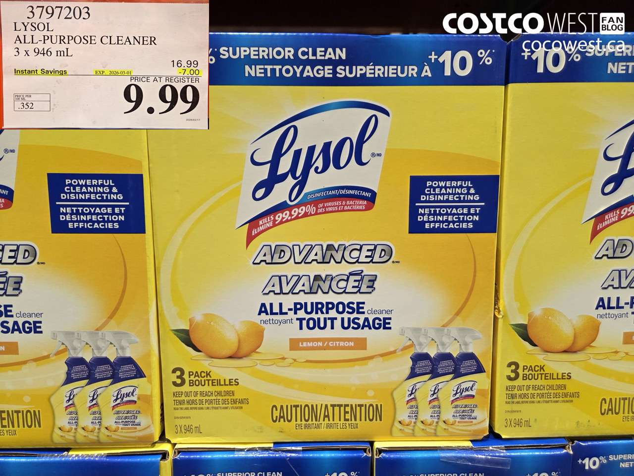 3797203 LYSOL ALL-PURPOSE CLEANER 3 X 946 ML ($7.00 INSTANT SAVINGS EXPIRES ON 2026-03-01) $9.99