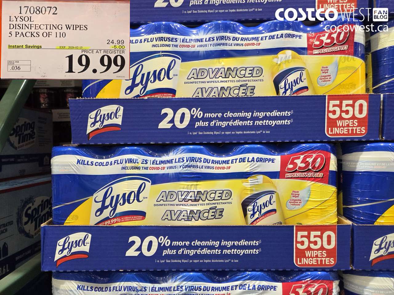 1708072 LYSOL DISINFECTING WIPES 5 PACKS OF 110 ($5.00 INSTANT SAVINGS EXPIRES ON 2026-02-15) $19.99