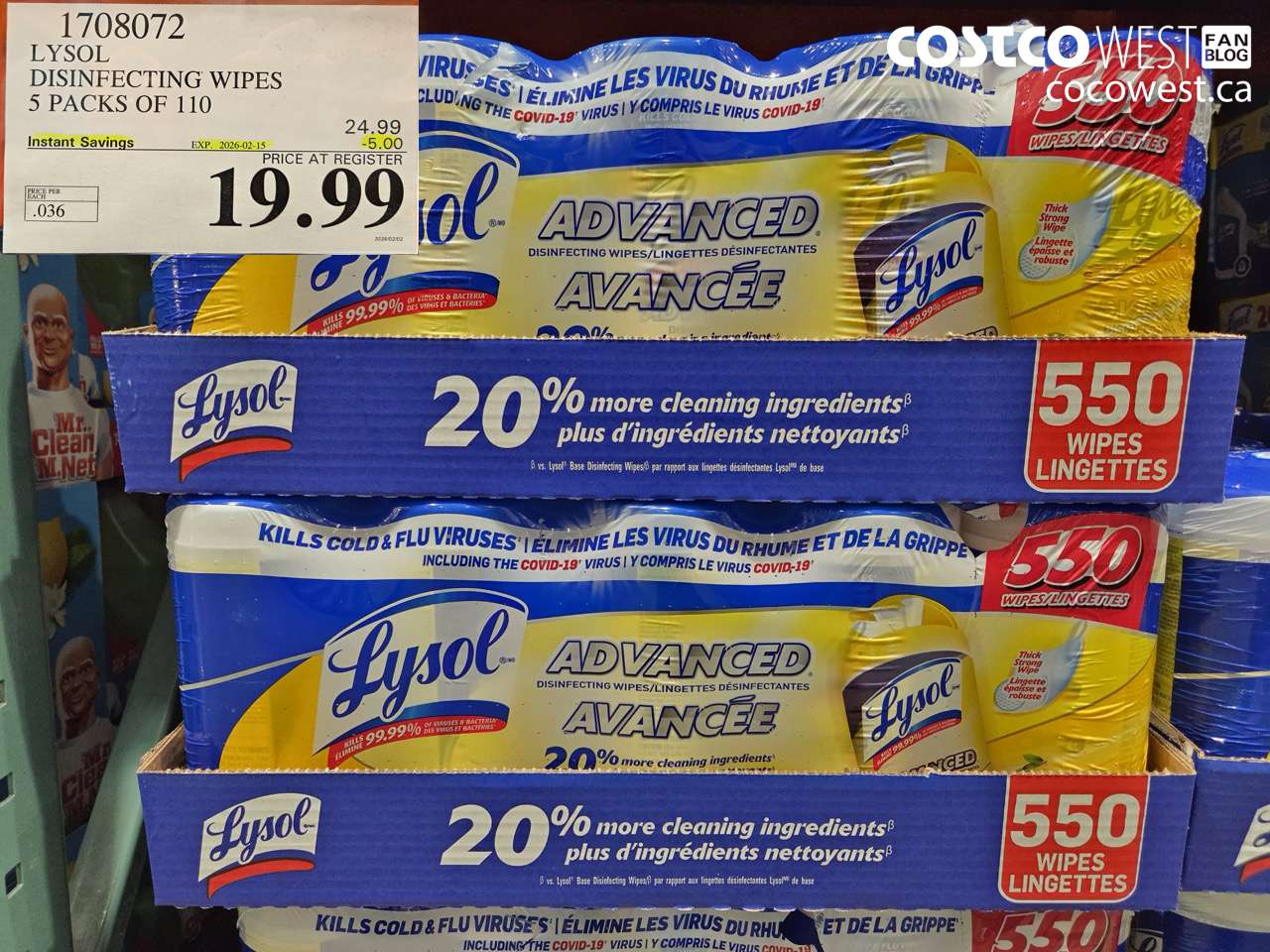 1708072 LYSOL DISINFECTING WIPES 5 PACKS OF 110 ($5.00 INSTANT SAVINGS EXPIRES ON 2026-02-15) $19.99