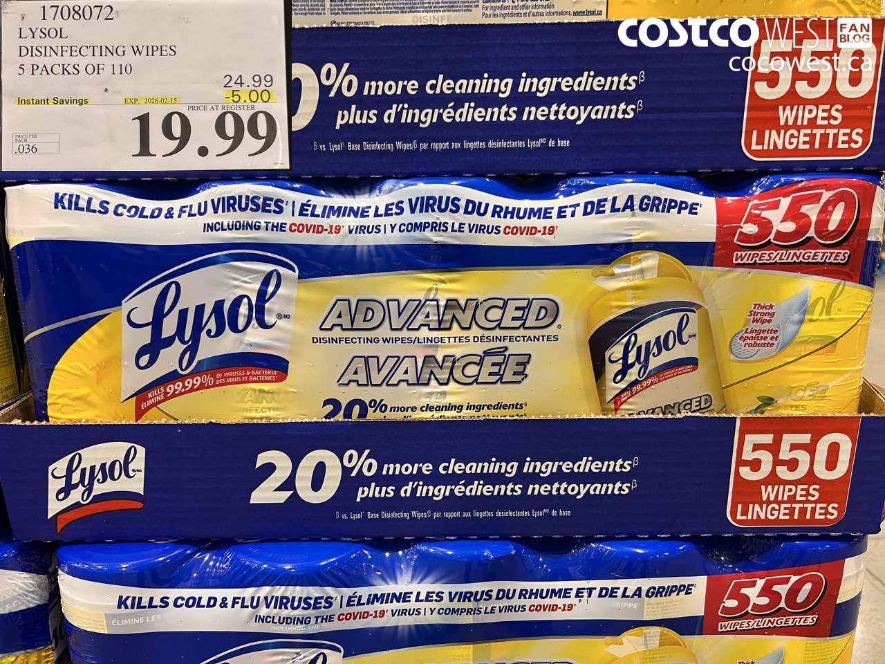 1708072 LYSOL DISINFECTING WIPES 5 PACKS OF 110 ($5.00 INSTANT SAVINGS EXPIRES ON 2026-02-15) $19.99
