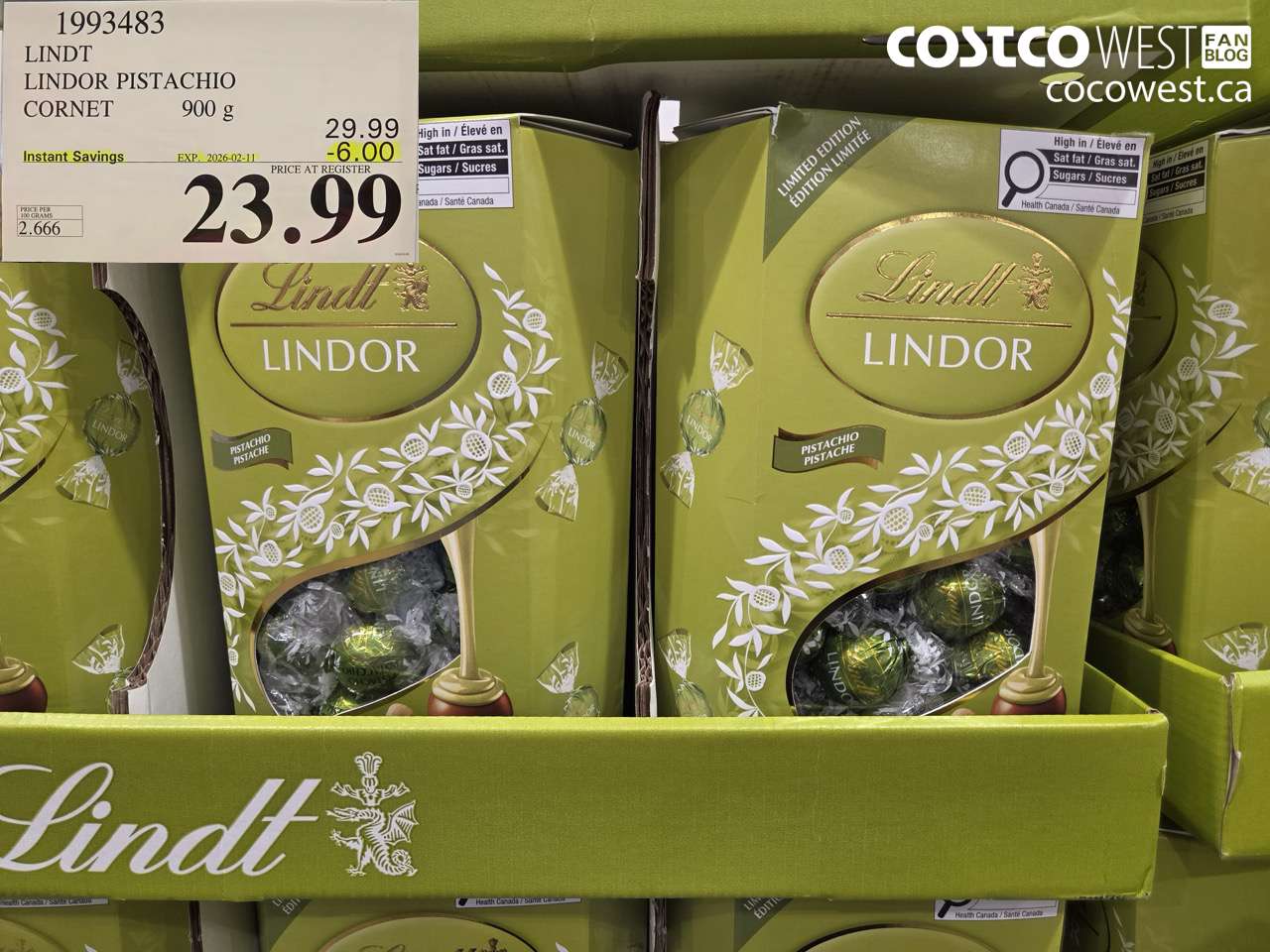 1993483 Lindt Lindor Pistachio Cornet 900 g ($6.00 INSTANT SAVINGS EXPIRES ON 2026-02-11) $23.99