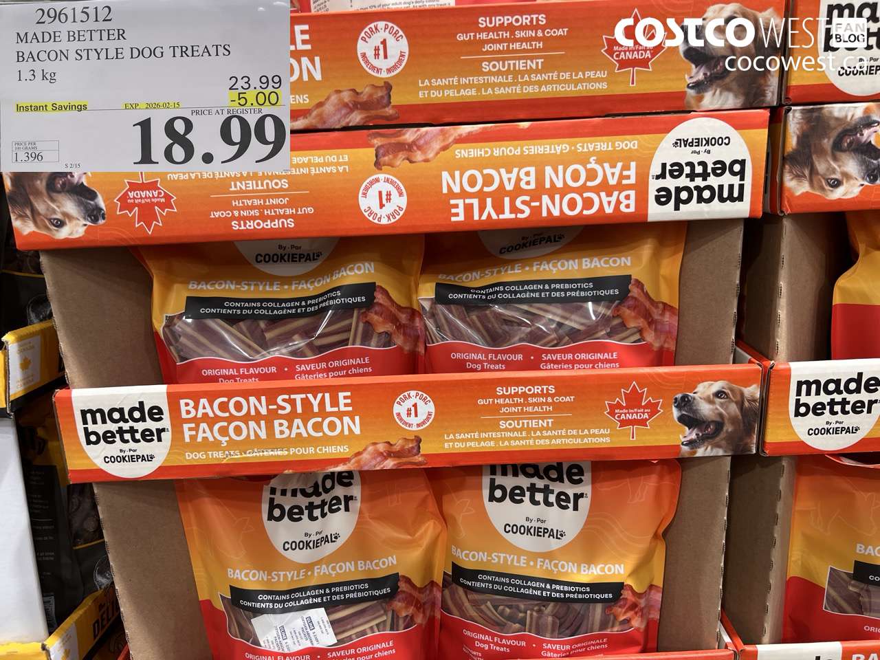 2961512 MADE BETTER BACON STYLE DOG TREATS 1.3 kg ($5.00 INSTANT SAVINGS EXPIRES ON 2026-02-15) $18.99