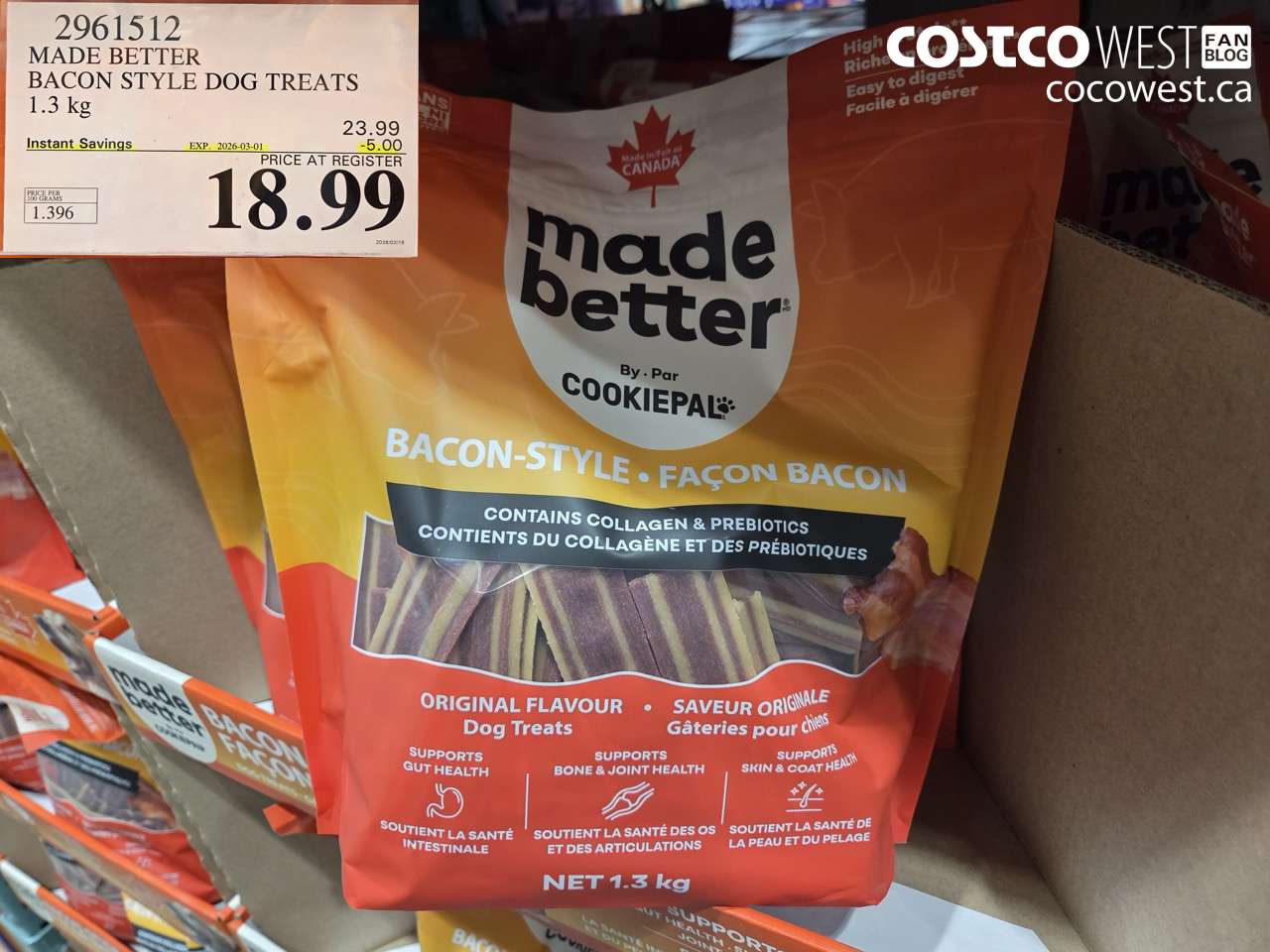 2961512 MADE BETTER BACON STYLE DOG TREATS 1.3 kg ($5.00 INSTANT SAVINGS EXPIRES ON 2026-03-01) $18.99