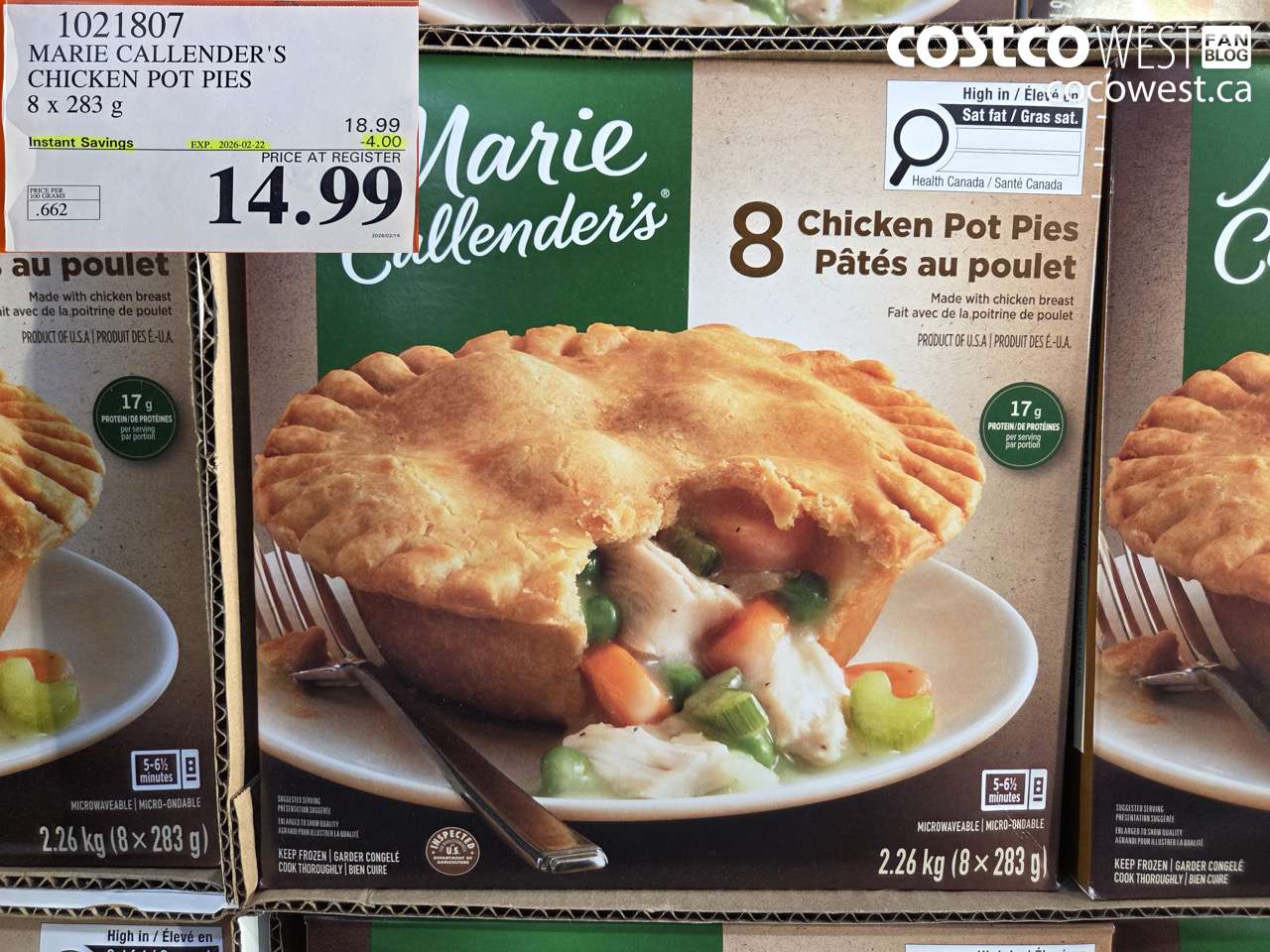 1021807 MARIE CALLENDER'S CHICKEN POT PIES 8 x 283 g ($4.00 INSTANT SAVINGS EXPIRES ON 2026-02-22) $14.99