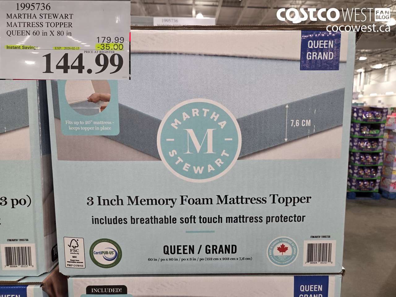 1995736 MARTHA STEWART MATTRESS TOPPER QUEEN 60 IN X 80 IN ($35.00 INSTANT SAVINGS EXPIRES ON 2026-02-15) $144.99