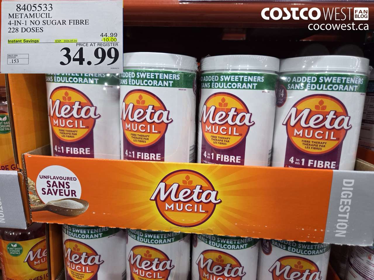 8405533 METAMUCIL 4-IN-1 NO SUGAR FIBRE 228 DOSES ($10.00 INSTANT SAVINGS EXPIRES ON 2026-03-01) $34.99