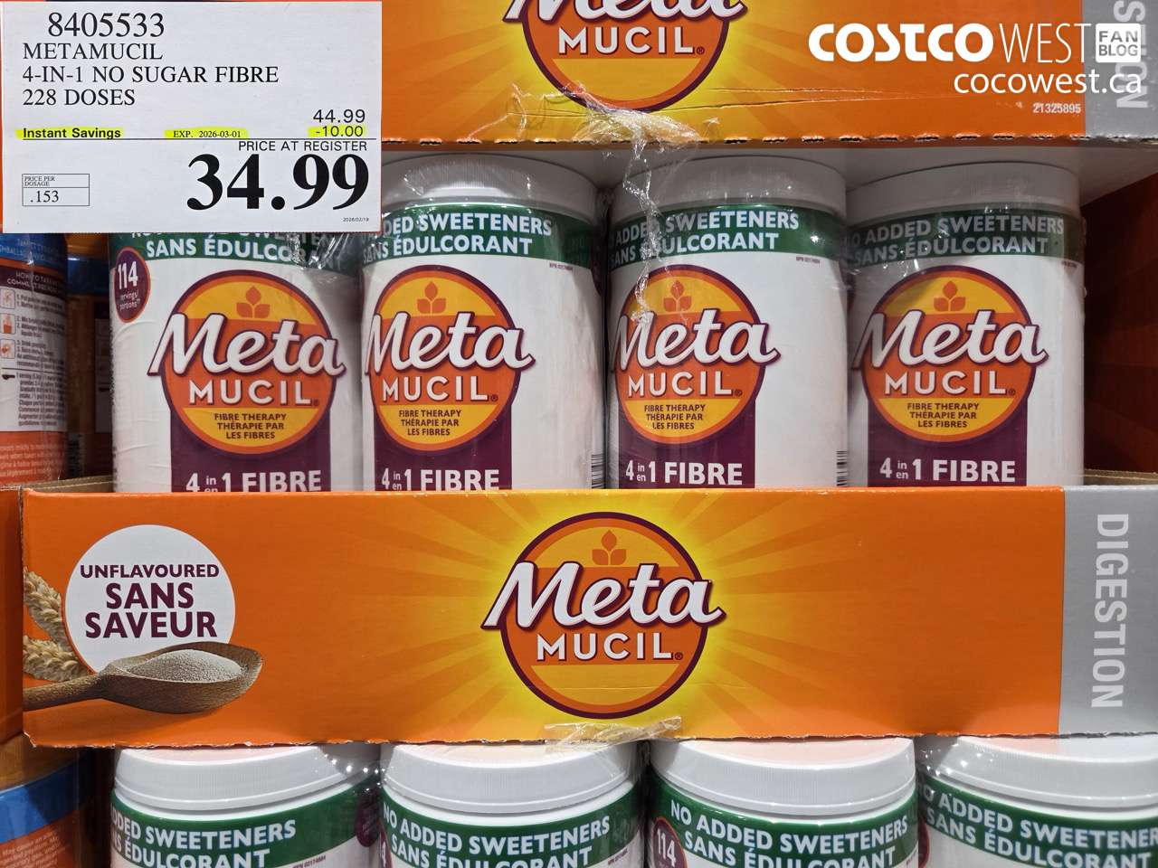 8405533 METAMUCIL 4-IN-1 NO SUGAR FIBRE 228 DOSES ($10.00 INSTANT SAVINGS EXPIRES ON 2026-03-01) $34.99