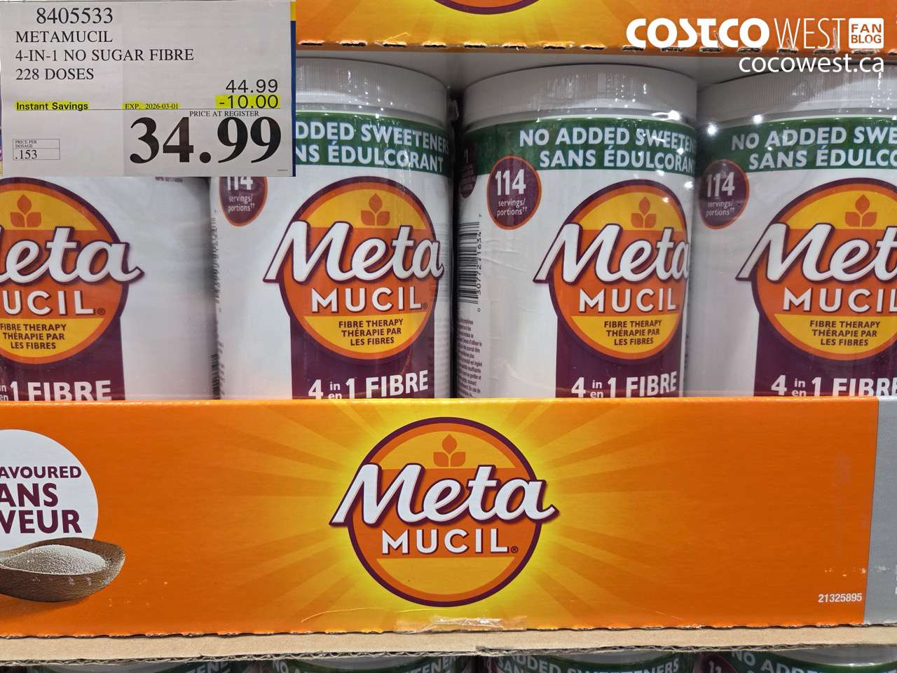 8405533 METAMUCIL 4-IN-1 NO SUGAR FIBRE 228 DOSES ($10.00 INSTANT SAVINGS EXPIRES ON 2026-03-01) $34.99
