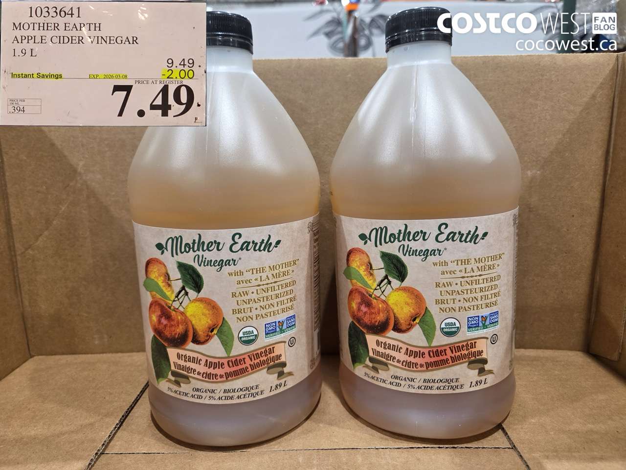 1033641 MOTHER EARTH APPLE CIDER VINEGAR 1.9 L ($2.00 INSTANT SAVINGS EXPIRES ON 2026-03-08) $7.49