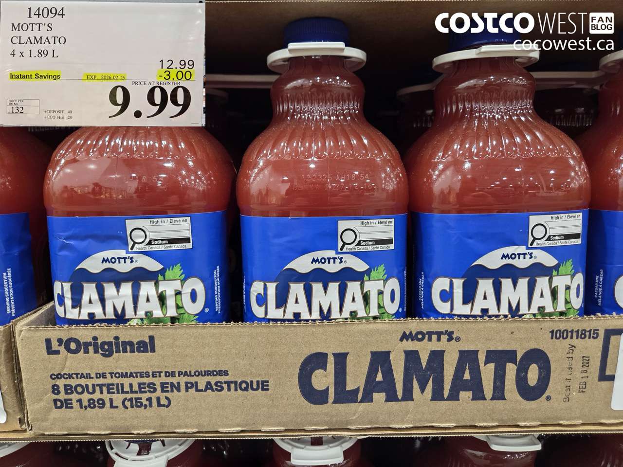 14094 MOTT'S CLAMATO 4 x 1.89 L ($3.00 INSTANT SAVINGS EXPIRES ON 2026-02-15) $9.99