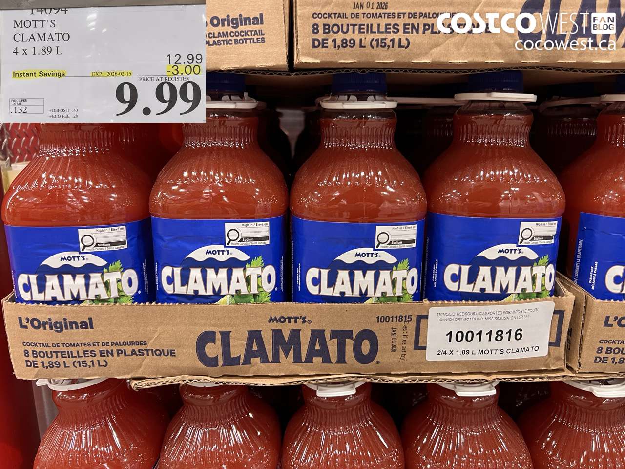 14094 MOTT'S CLAMATO 4 x 1.89 L ($3.00 INSTANT SAVINGS EXPIRES ON 2026-02-15) $9.99
