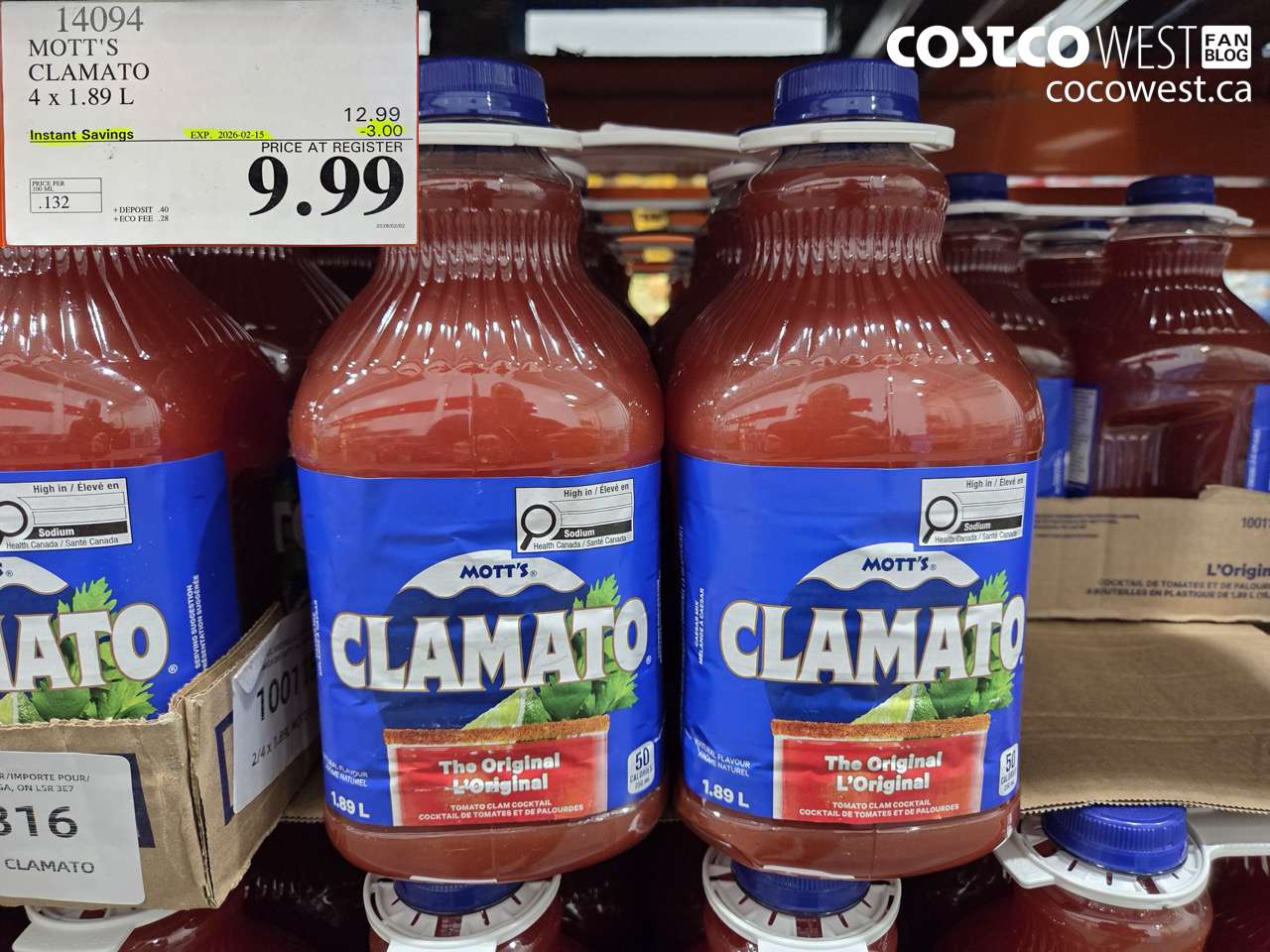 14094 MOTTS CLAMATO JUICE 4 X 1.89 L ($3.00 INSTANT SAVINGS EXPIRES ON 2026-02-15) $9.99
