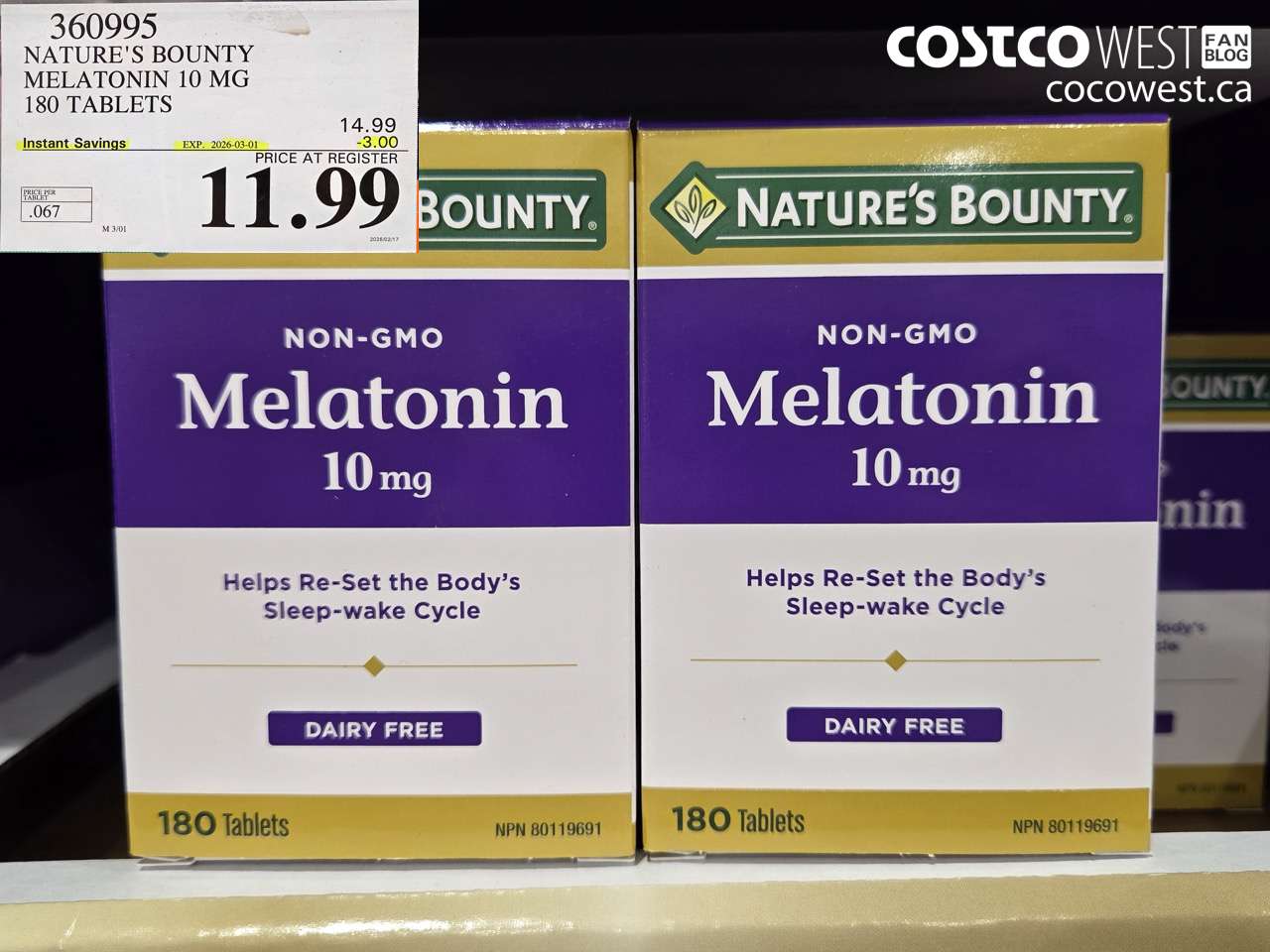 360995 NATURE'S BOUNTY MELATONIN 10 MG 180 TABLETS ($3.00 INSTANT SAVINGS EXPIRES ON 2026-03-01) $11.99
