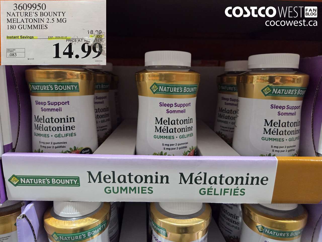 3609950 NATURE'S BOUNTY MELATONIN 2.5 MG 180 GUMMIES ($4.00 INSTANT SAVINGS EXPIRES ON 2026-02-15) $14.99