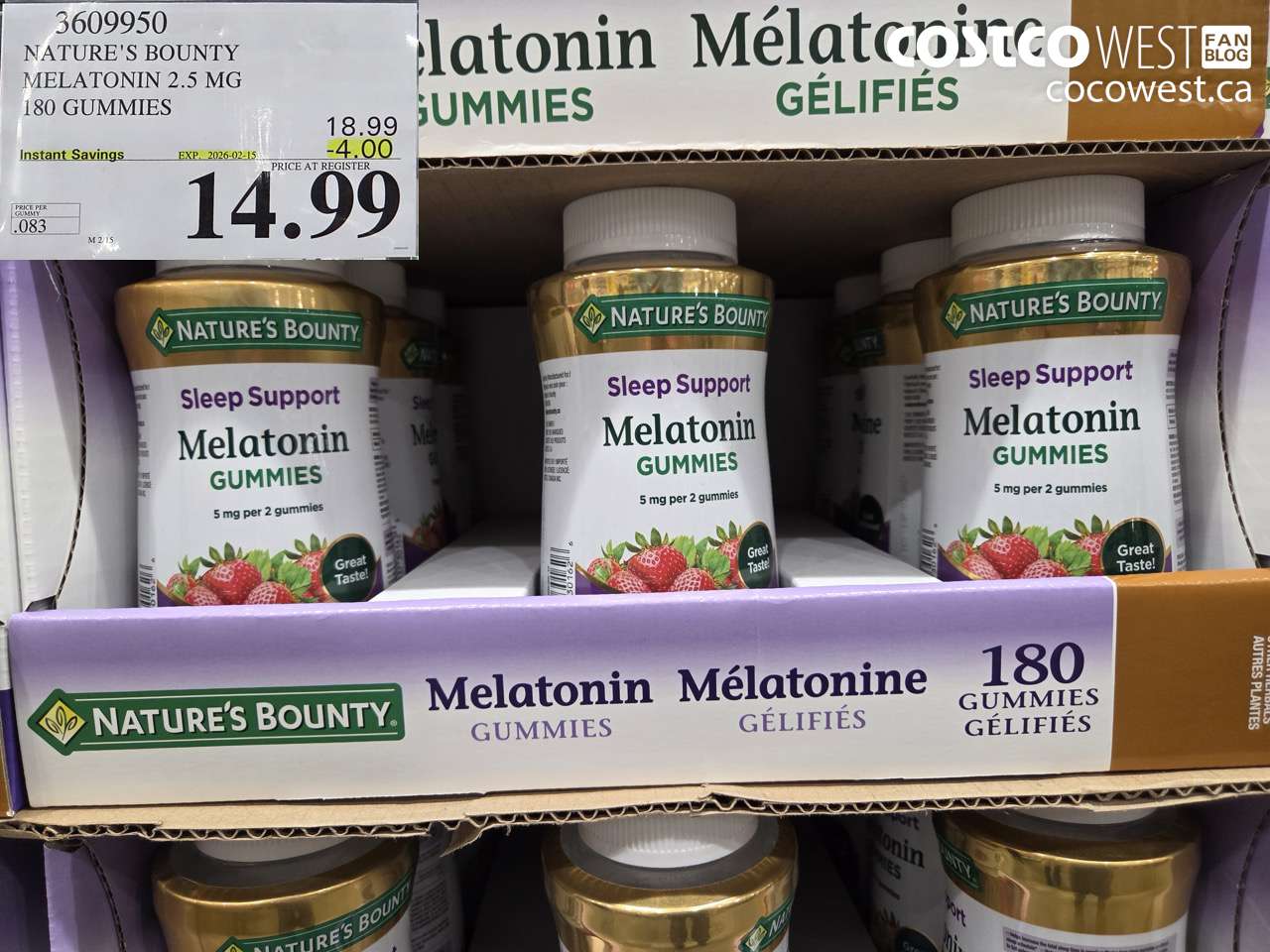 3609950 NATURE'S BOUNTY MELATONIN 2.5 MG 180 GUMMIES ($4.00 INSTANT SAVINGS EXPIRES ON 2026-02-15) $14.99