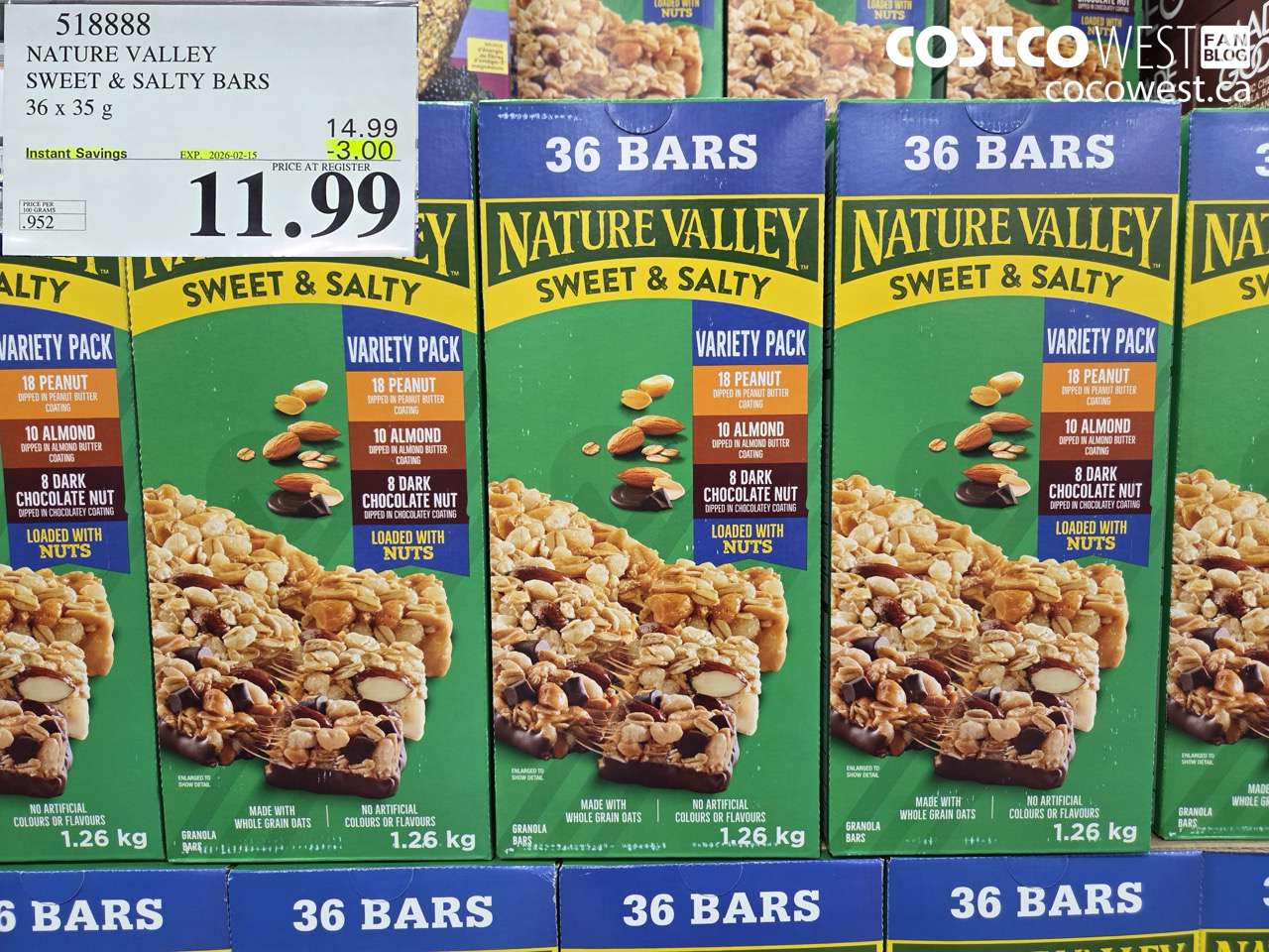 518888 NATURE VALLEY SWEET & SALTY BARS 36 x 35 g ($3.00 INSTANT SAVINGS EXPIRES ON 2026-02-15) $11.99