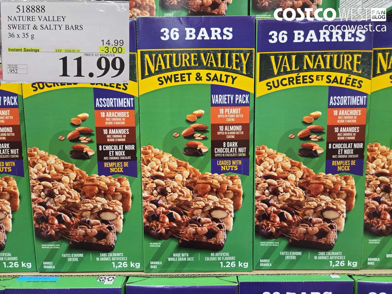 518888 NATURE VALLEY SWEET & SALTY BARS 36 x 35 g ($3.00 INSTANT SAVINGS EXPIRES ON 2026-02-15) $11.99