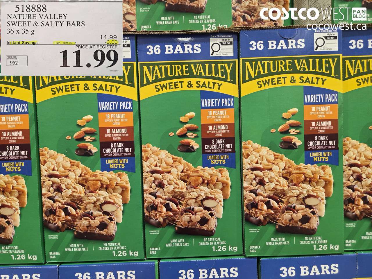518888 NATURE VALLEY SWEET & SALTY BARS 36 x 35 g ($3.00 INSTANT SAVINGS EXPIRES ON 2026-02-15) $11.99