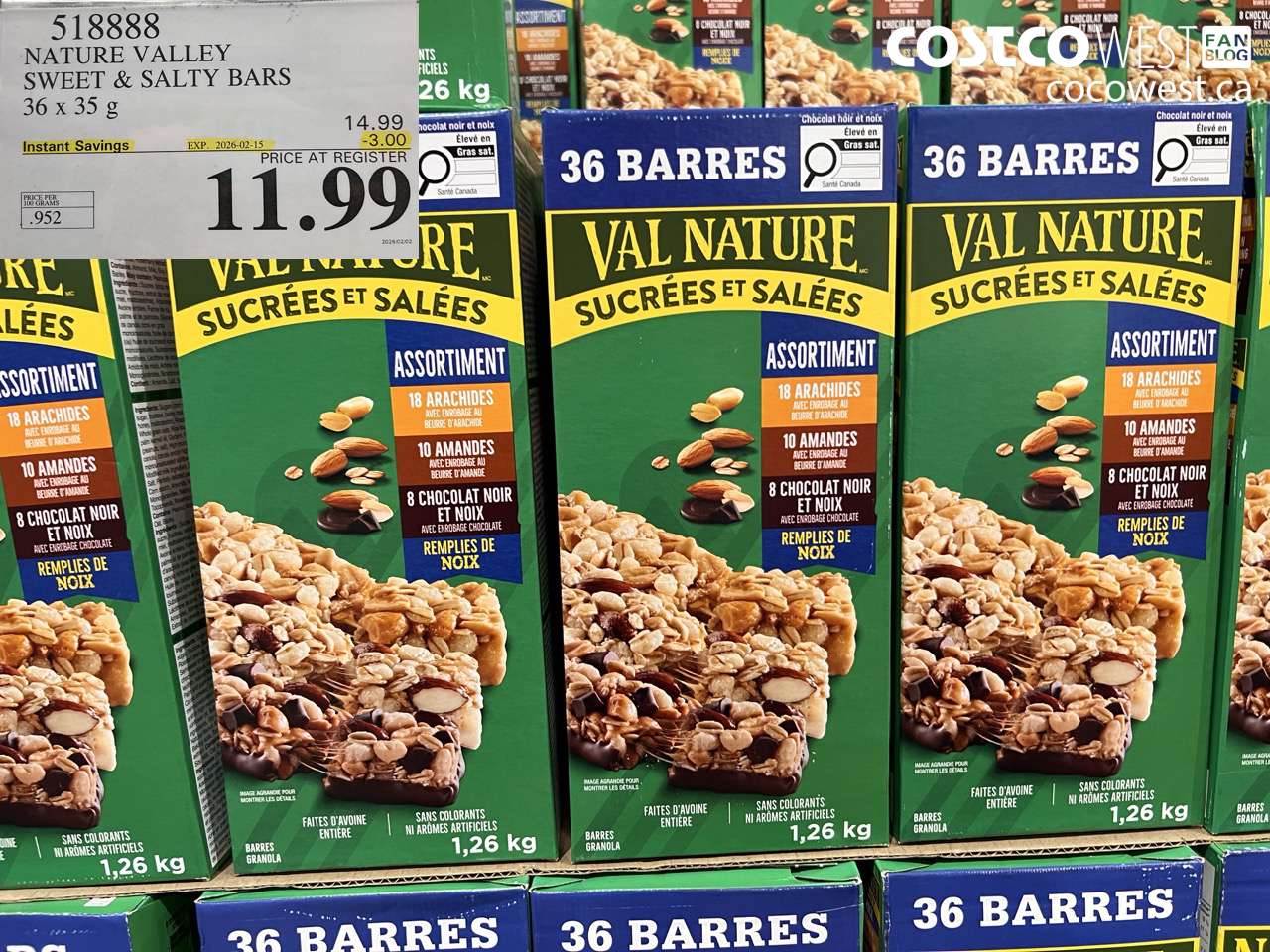 518888 NATURE VALLEY SWEET & SALTY BARS 36 x 35 g ($3.00 INSTANT SAVINGS EXPIRES ON 2026-02-15) $11.99