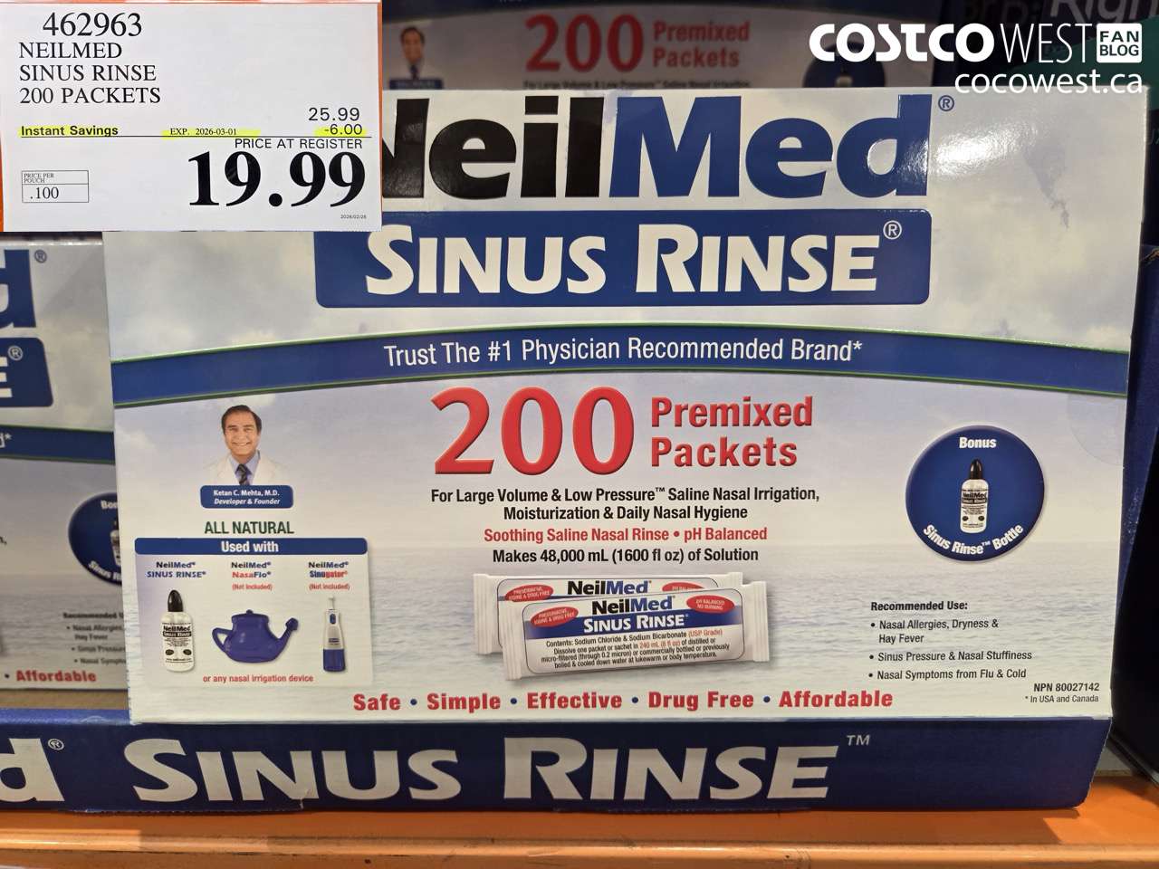 462963 NEILMED SINUS RINSE 200 PACKETS ($6.00 INSTANT SAVINGS EXPIRES ON 2026-03-01) $19.99