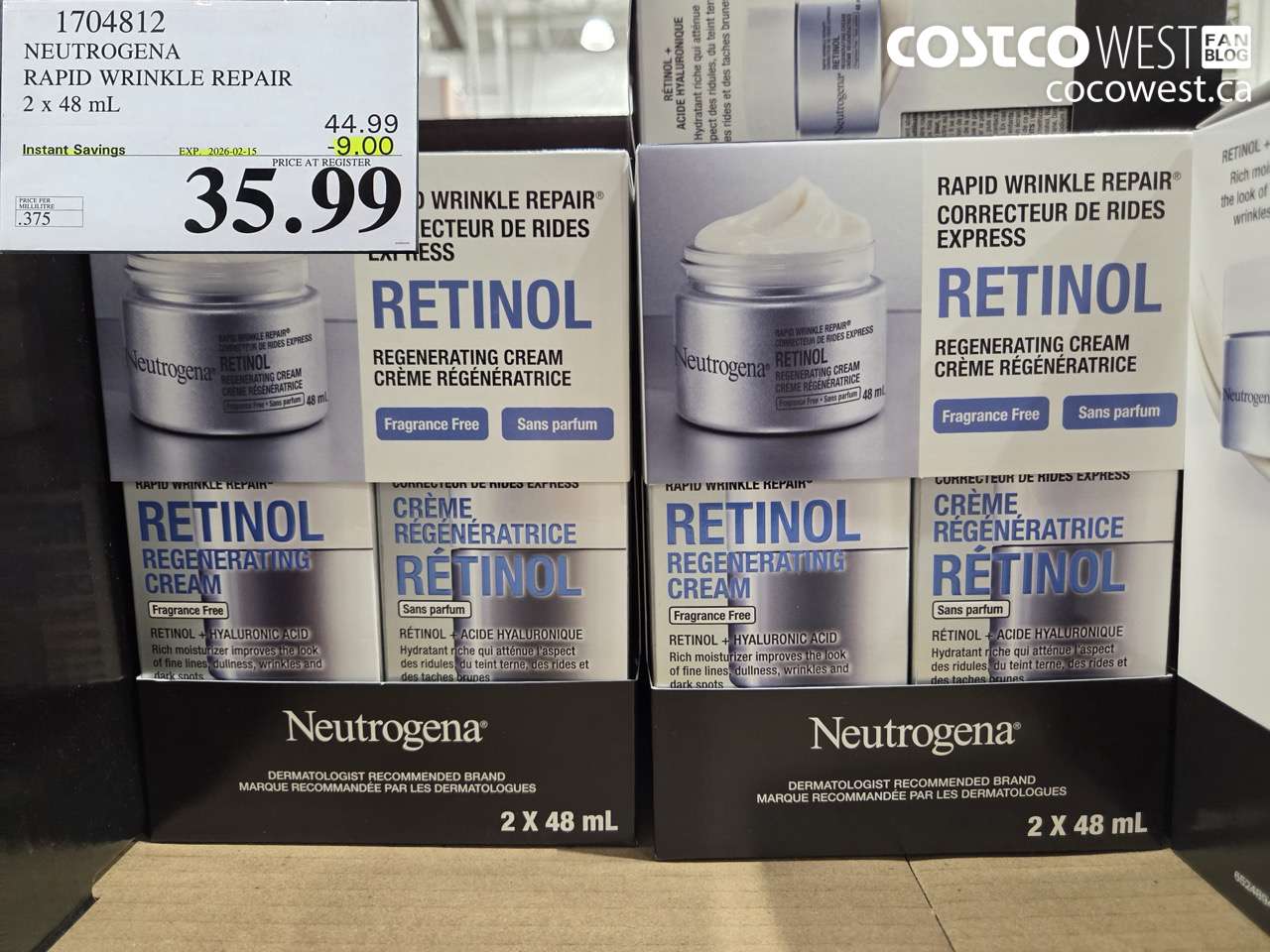 1704812 NEUTROGENA RAPID WRINKLE REPAIR 2 x 48 mL ($9.00 INSTANT SAVINGS EXPIRES ON 2026-02-15) $35.99