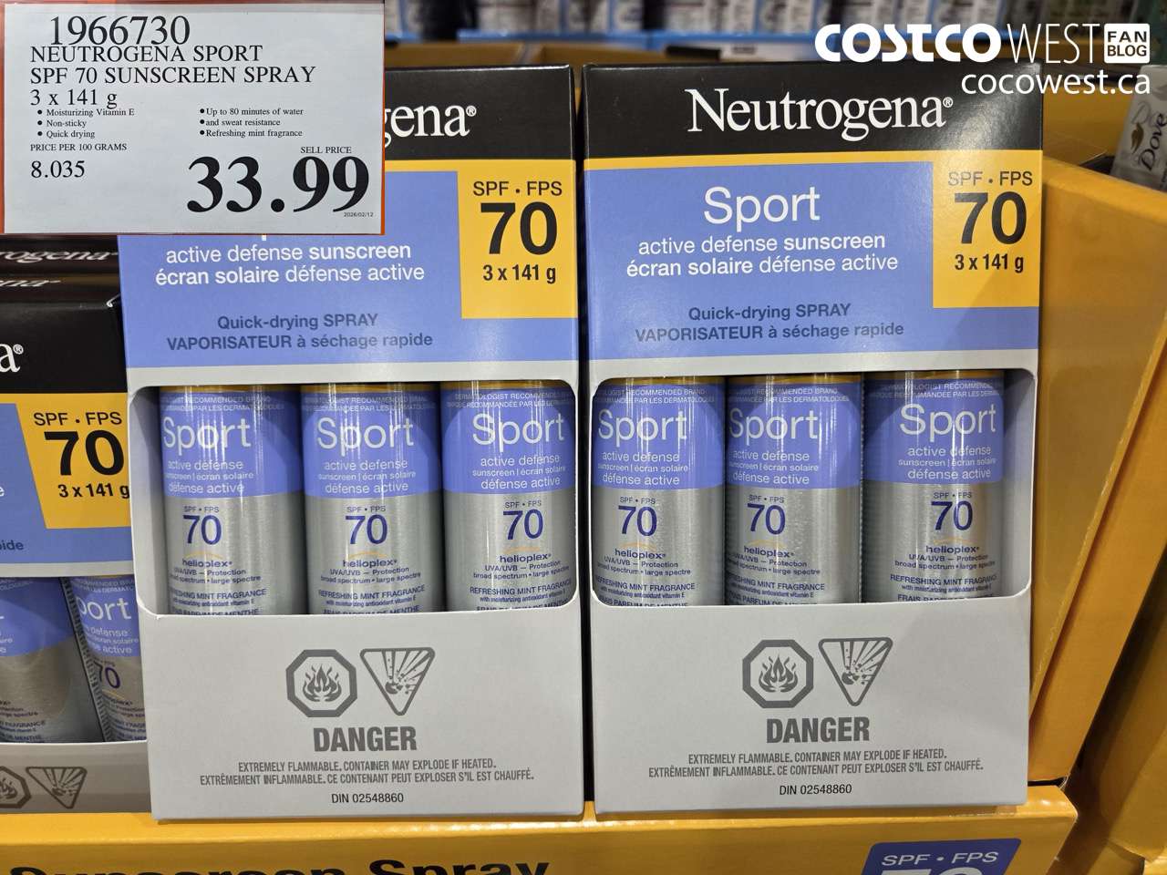 1966730 NEUTROGENA SPORT SPF 70 SUNSCREEN SPRAY 3 x 141 g $33.99