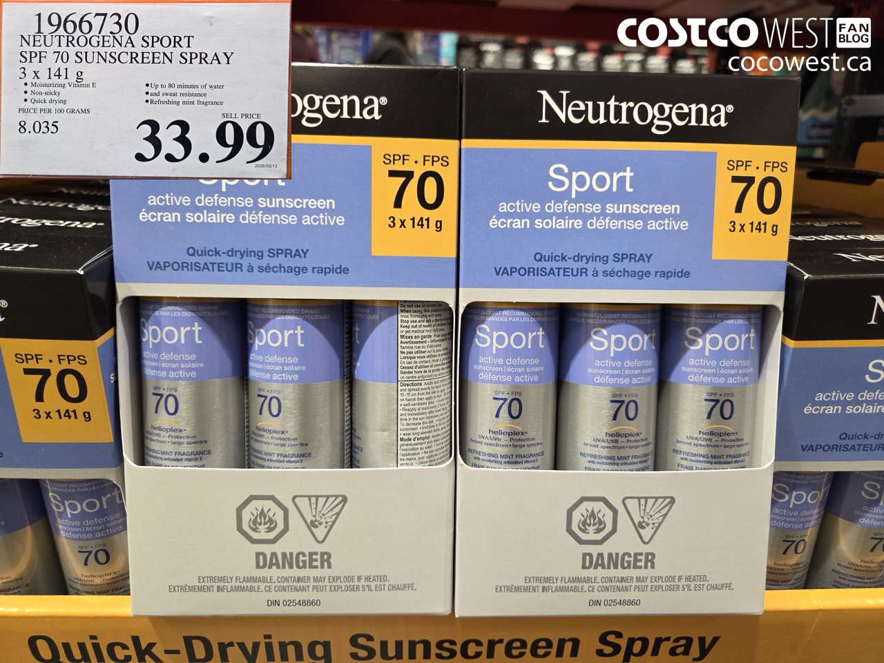 1966730 NEUTROGENA SPORT SPF 70 SUNSCREEN SPRAY 3 x 141 g $33.99
