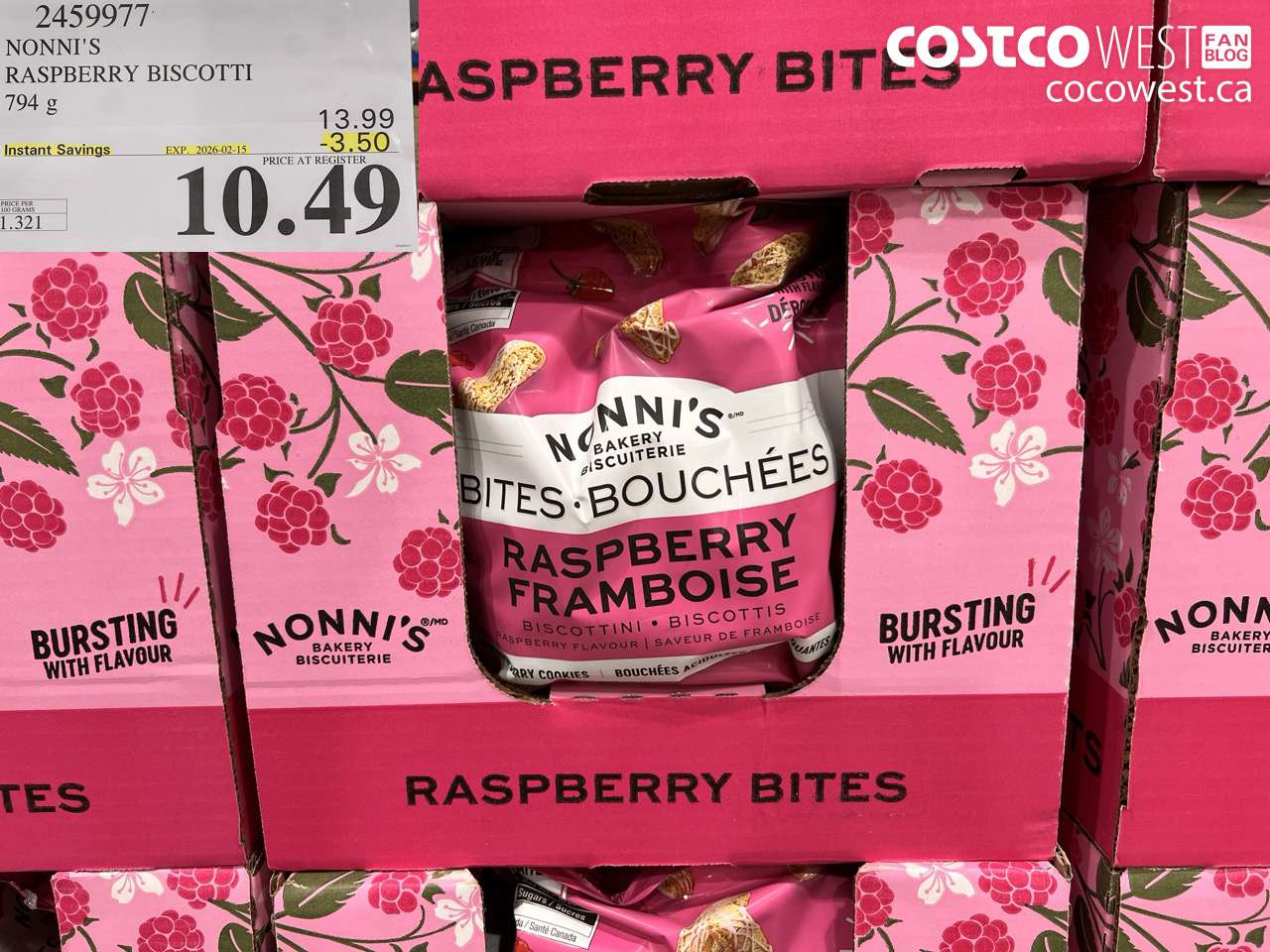 2459977 NONNI'S RASPBERRY BISCOTTI 794g ($3.50 INSTANT SAVINGS EXPIRES ON 2026-02-15) $10.49