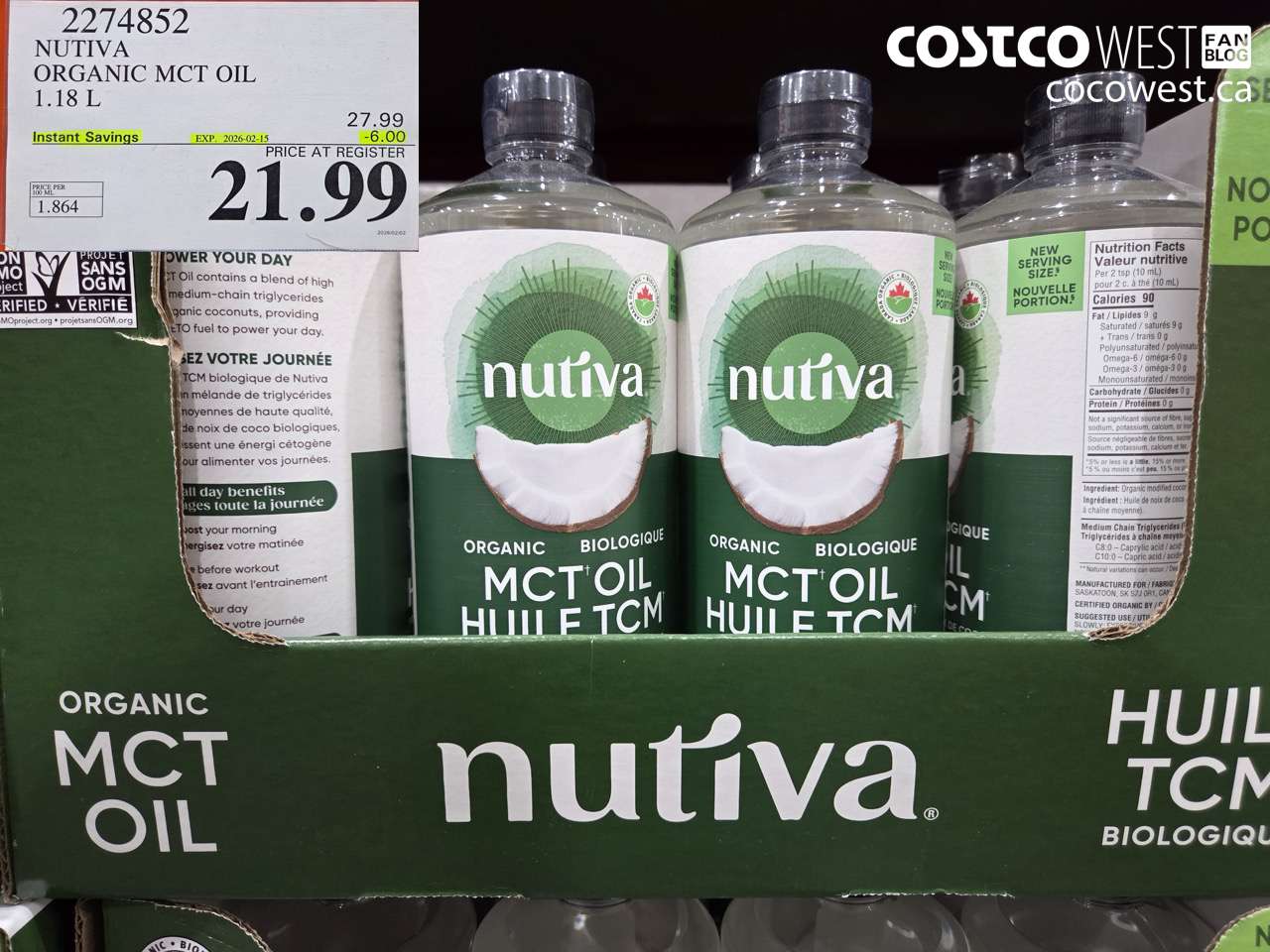 2274852 NUTIVA ORGANIC MCT OIL 1.18 L ($6.00 INSTANT SAVINGS EXPIRES ON 2026-02-15) $21.99