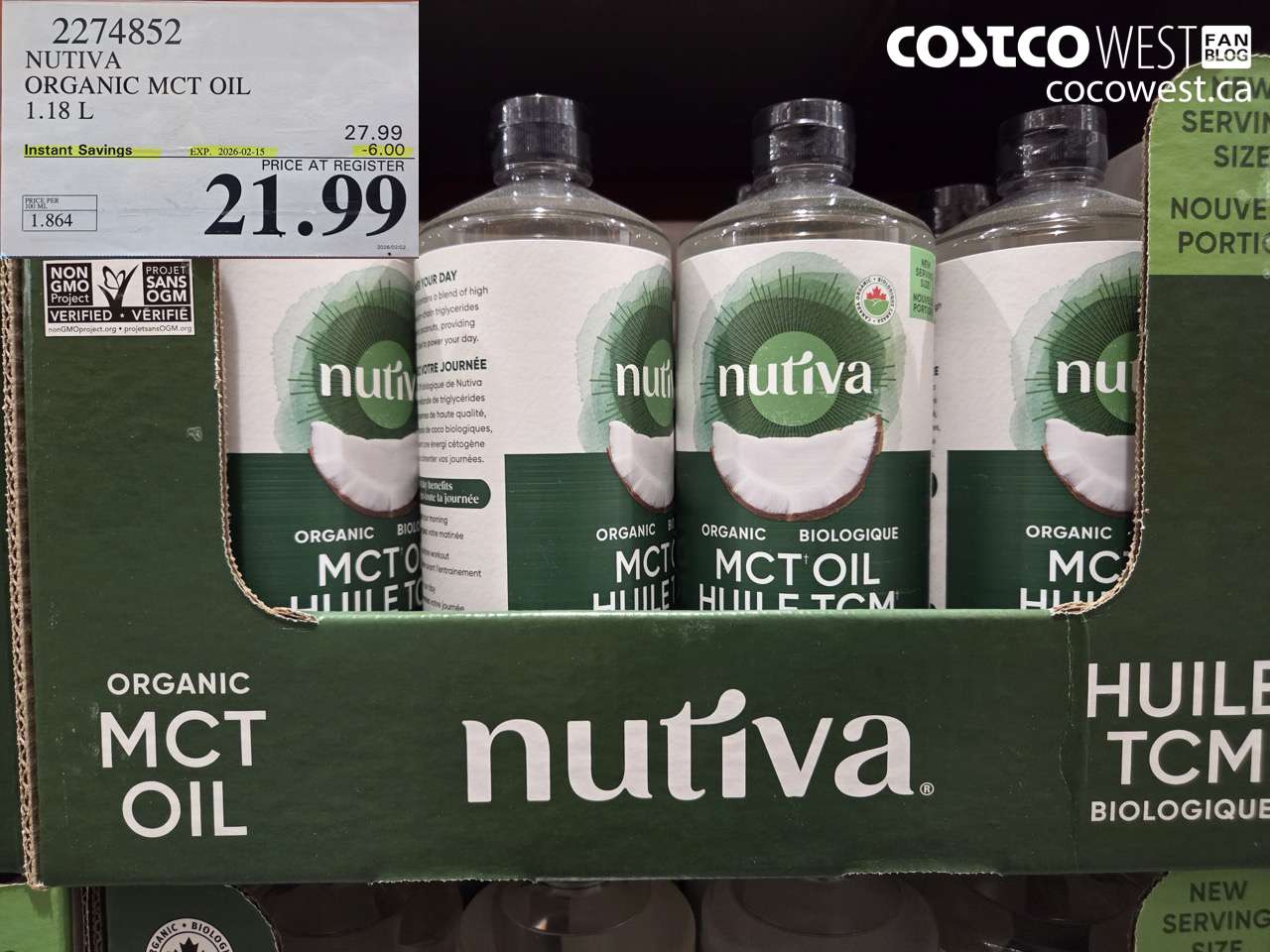 2274852 NUTIVA ORGANIC MCT OIL 1.18 L ($6.00 INSTANT SAVINGS EXPIRES ON 2026-02-15) $21.99