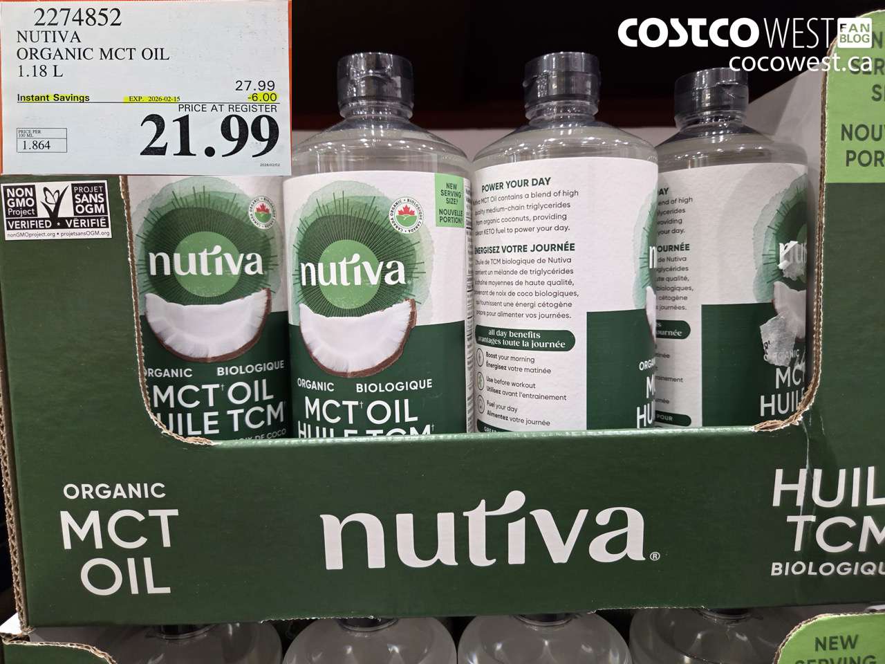 2274852 NUTIVA ORGANIC MCT OIL 1.18 L ($6.00 INSTANT SAVINGS EXPIRES ON 2026-02-15) $21.99