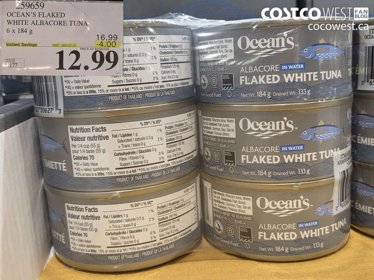 259659 OCEAN'S FLAKED WHITE ALBACORE TUNA 6 X 184G ($4.00 INSTANT SAVINGS EXPIRES ON 2026-02-15) $12.99