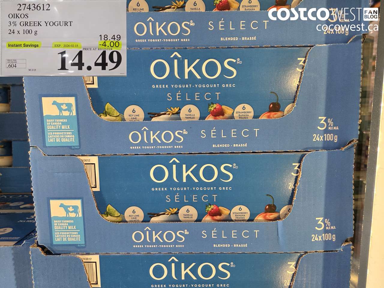 2743612 OIKOS 3% GREEK YOGURT 24 x 100 g ($4.00 INSTANT SAVINGS EXPIRES ON 2026-02-15) $14.49