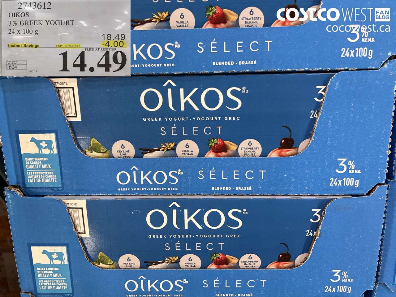 2743612 OIKOS 3% GREEK YOGURT 24 x 100 g ($4.00 INSTANT SAVINGS EXPIRES ON 2026-02-15) $14.49