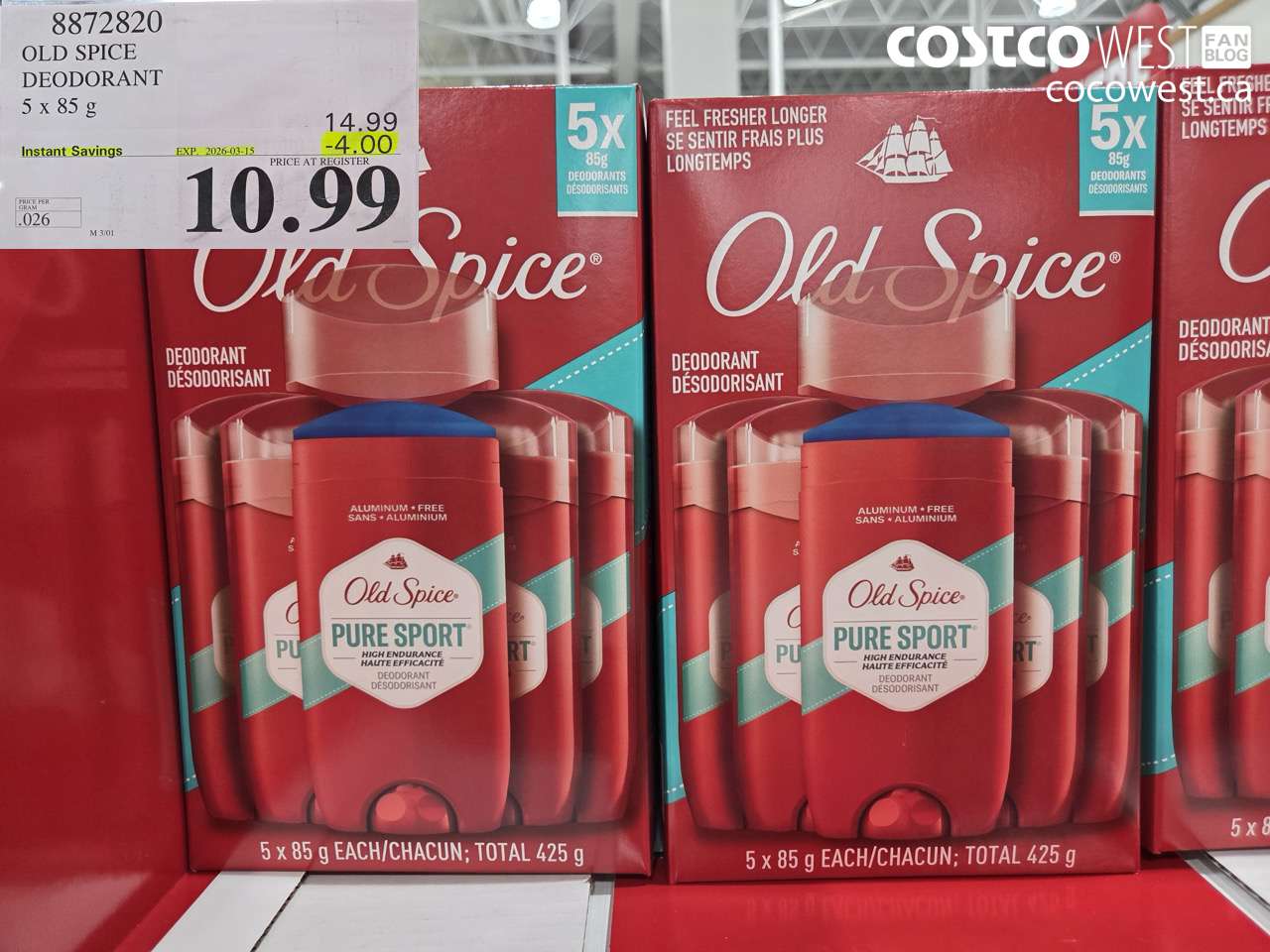 8872820 OLD SPICE DEODORANT 5 x 85 g ($4.00 INSTANT SAVINGS EXPIRES ON 2026-03-15) $10.99