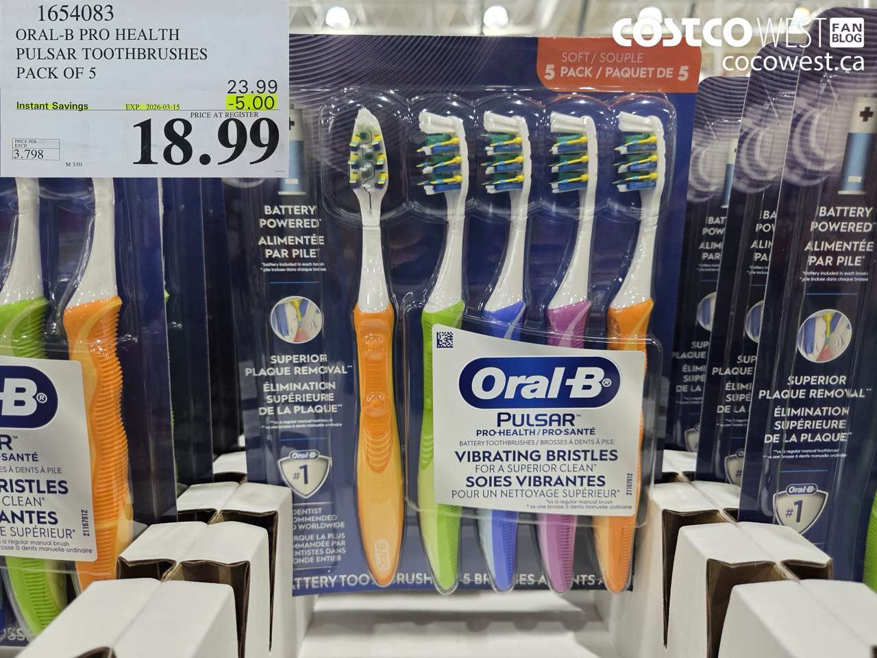 1654083 ORAL-B PRO HEALTH PULSAR TOOTHBRUSHES PACK OF 5 ($5.00 INSTANT SAVINGS EXPIRES ON 2026-03-15) $18.99