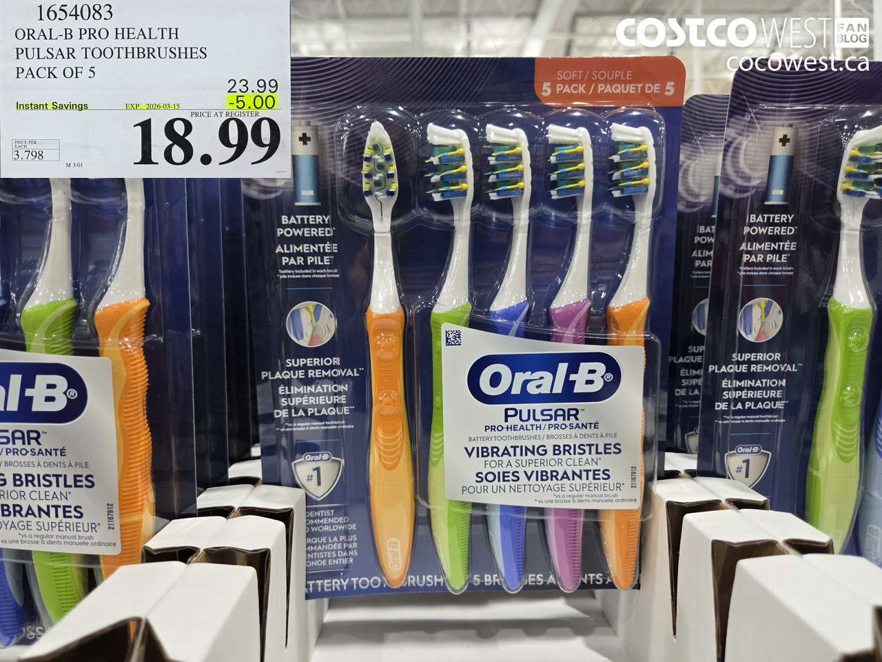 1654083 ORAL-B PRO HEALTH PULSAR TOOTHBRUSHES PACK OF 5 ($5.00 INSTANT SAVINGS EXPIRES ON 2026-03-15) $18.99