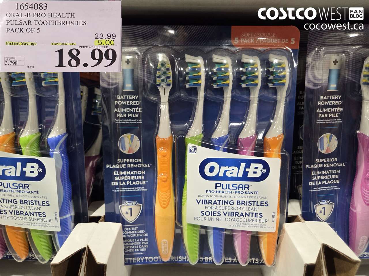 1654083 ORAL-B PRO HEALTH PULSAR TOOTHBRUSHES PACK OF 5 ($5.00 INSTANT SAVINGS EXPIRES ON 2026-03-15) $18.99