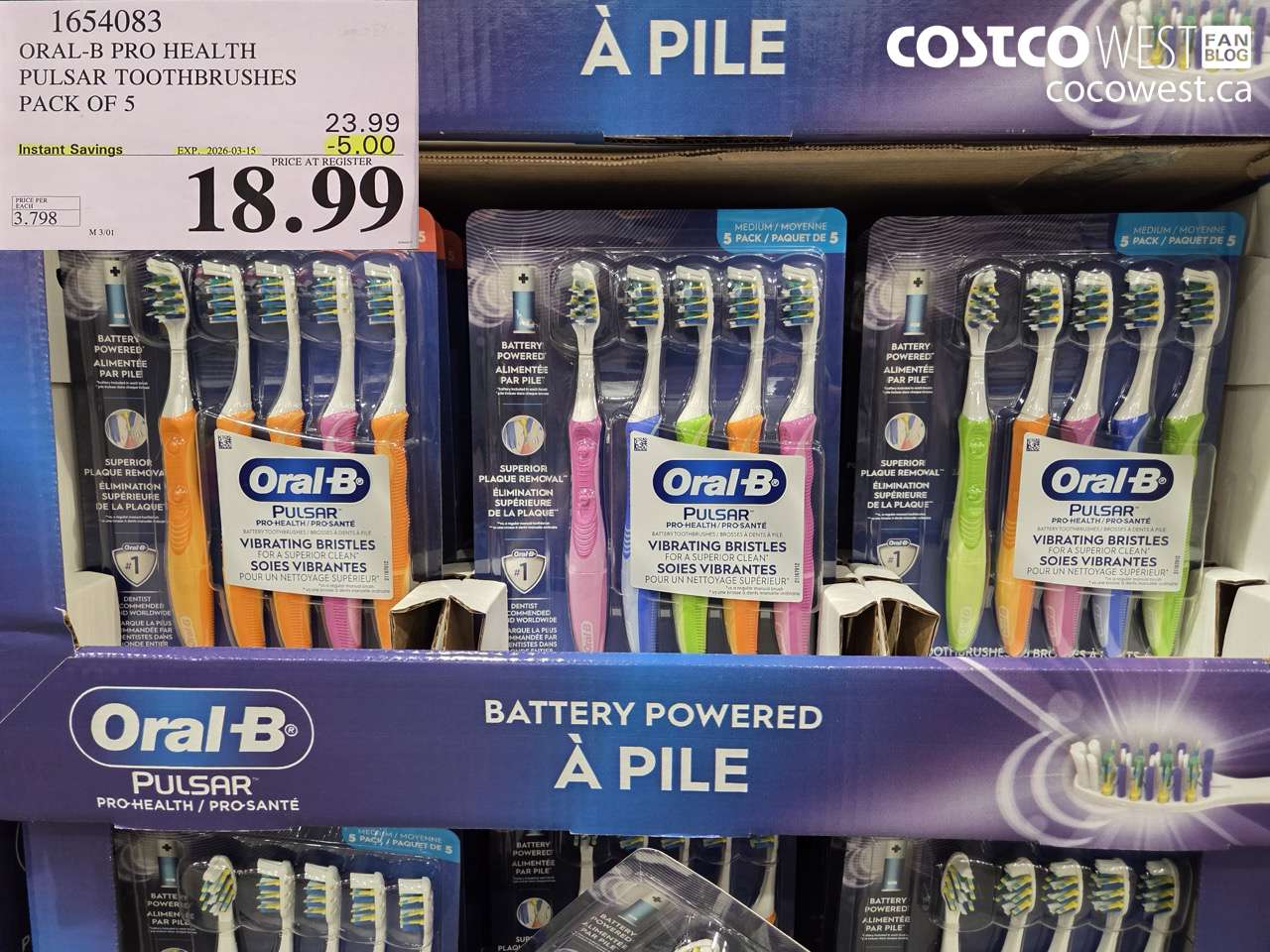 1654083 ORAL-B PRO HEALTH PULSAR TOOTHBRUSHES PACK OF 5 ($5.00 INSTANT SAVINGS EXPIRES ON 2026-03-15) $18.99