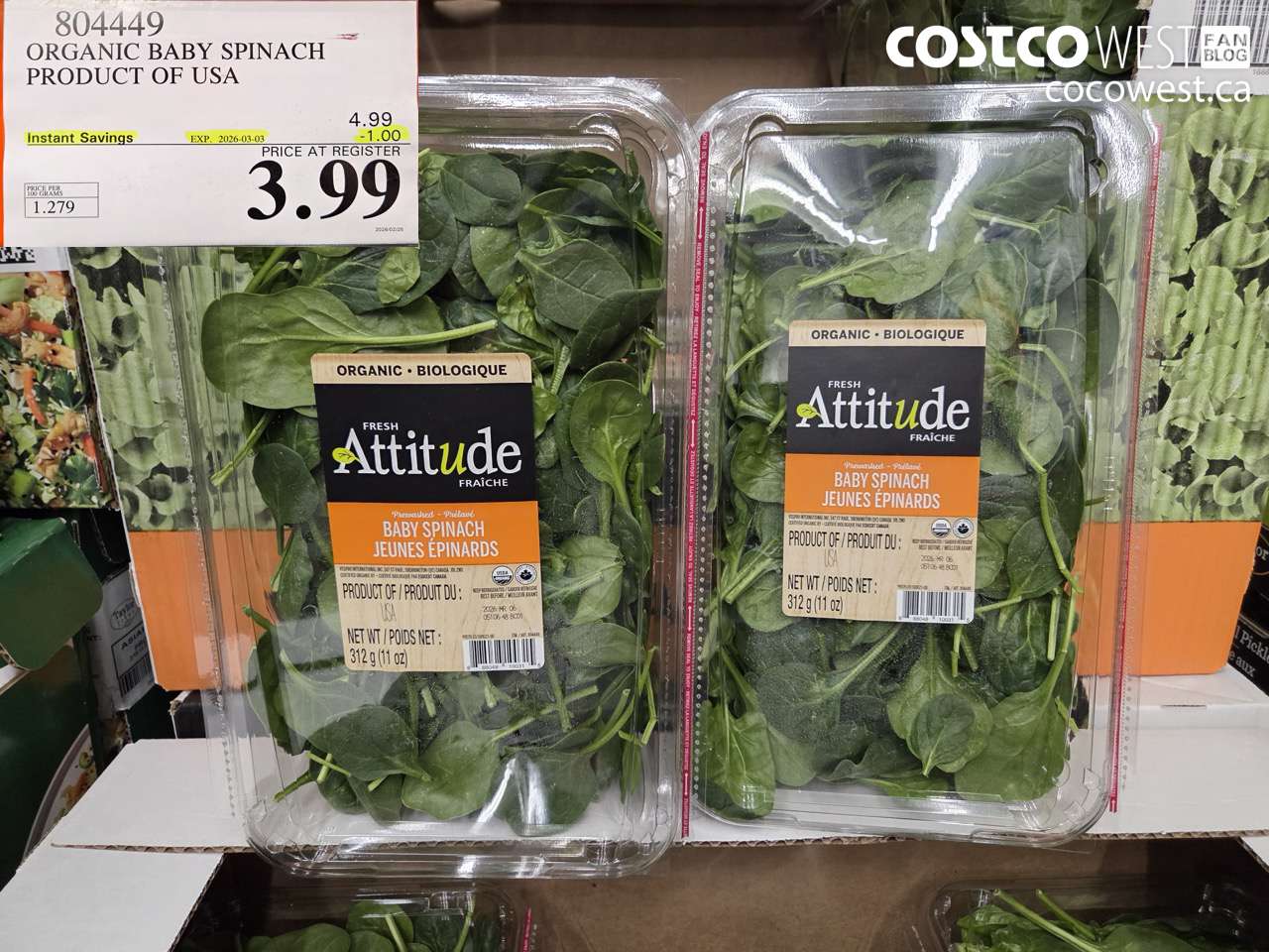 804449 ORGANIC BABY SPINACH PRODUCT OF USA ($1.00 INSTANT SAVINGS EXPIRES ON 2026-03-03) $3.99