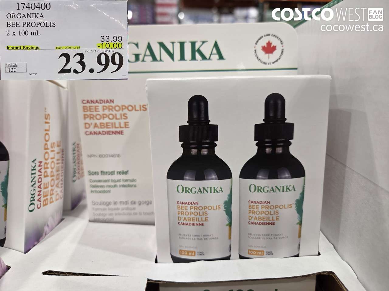 1740400 ORGANIKA BEE PROPOLIS 2 x 100 mL ($10.00 INSTANT SAVINGS EXPIRES ON 2026-02-15) $23.99