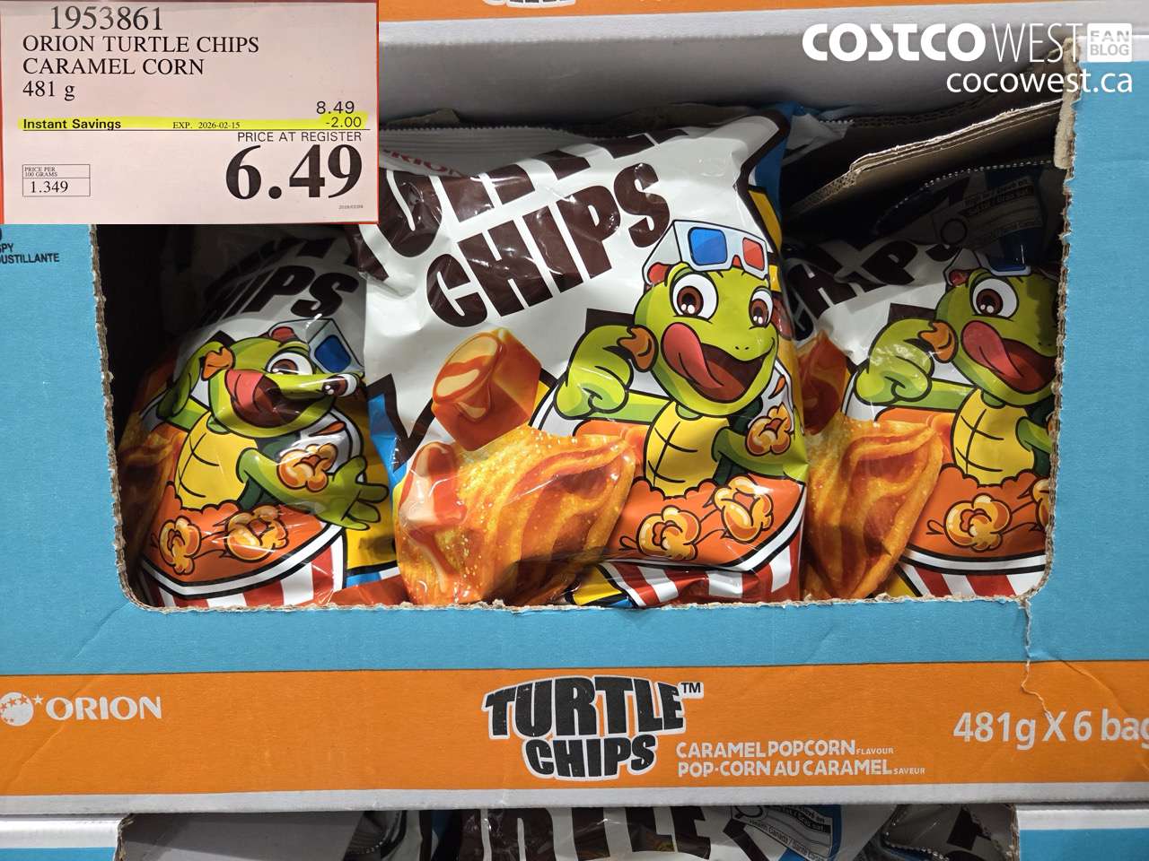 1953861 ORION TURTLE CHIPS CARAMEL CORN 481 g ($2.00 INSTANT SAVINGS EXPIRES ON 2026-02-15) $6.49