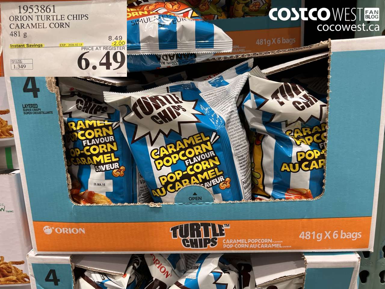 1953861 ORION TURTLE CHIPS CARAMEL CORN 481 g ($2.00 INSTANT SAVINGS EXPIRES ON 2026-02-15) $6.49