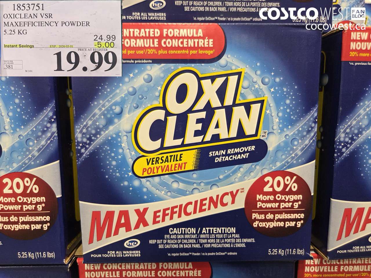 1853751 OXICLEAN VSR MAXEFFICIENCY POWDER 5.25 KG ($5.00 INSTANT SAVINGS EXPIRES ON 2026-03-01) $19.99